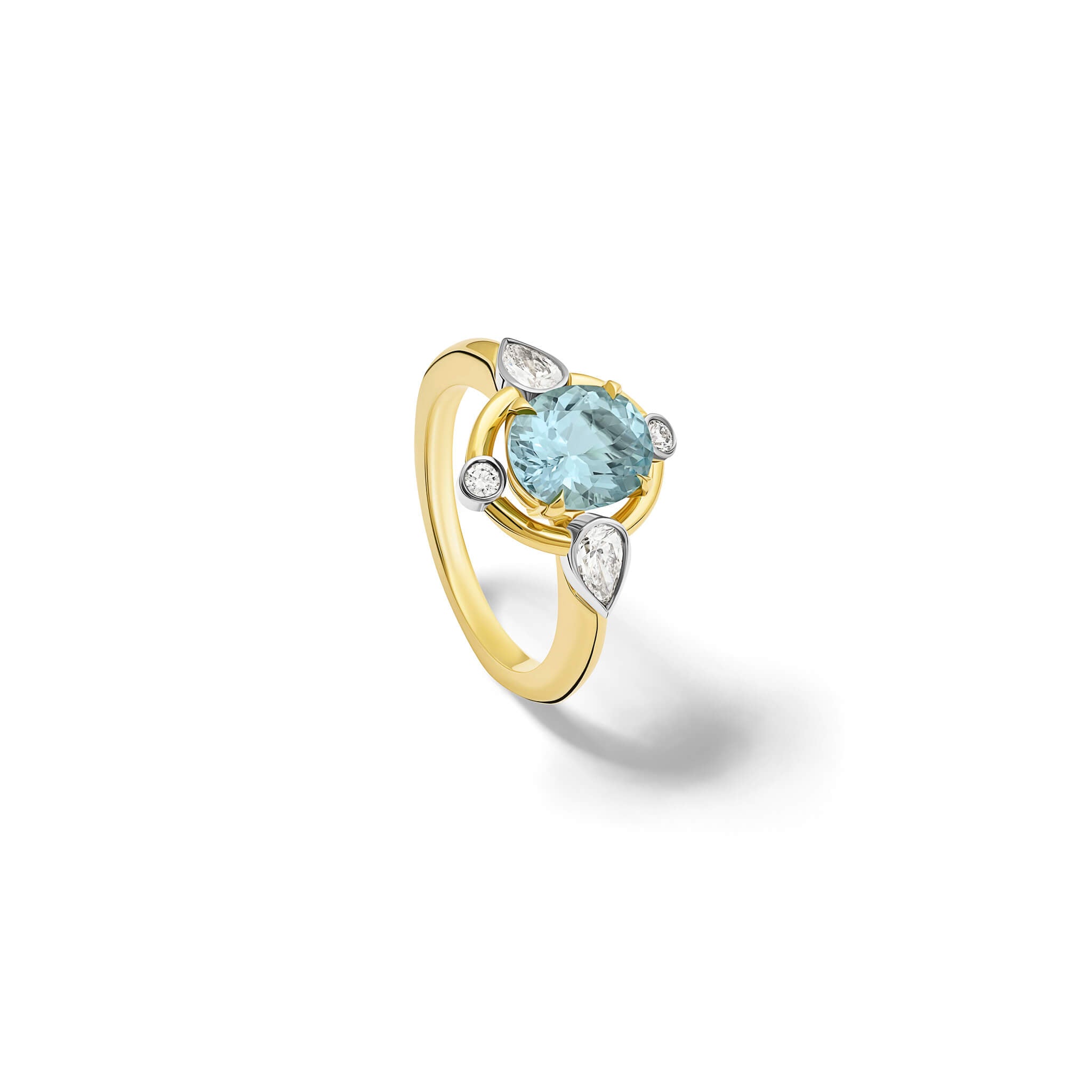 Handcrafted 18ct yellow gold engagement ring featuring a soft blue aquamarine at its centre, surrounded by four smaller diamonds, two teardrop-shaped, march birthstone