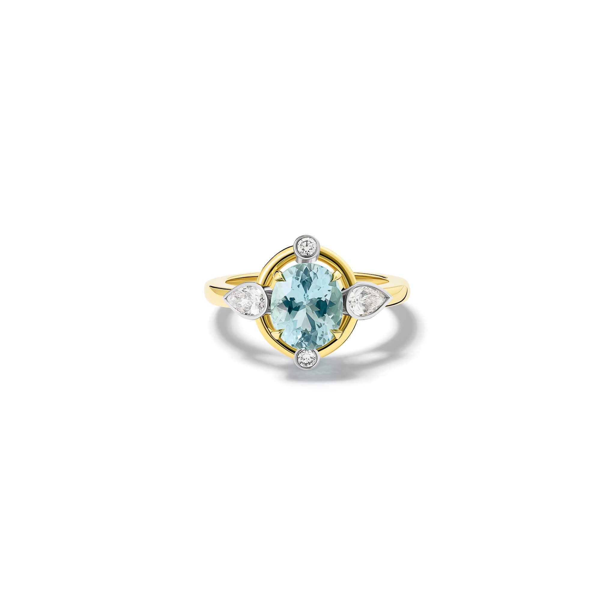 Handcrafted 18ct yellow gold engagement ring featuring a soft blue aquamarine at its centre, surrounded by four smaller diamonds, two teardrop-shaped, march birthstone