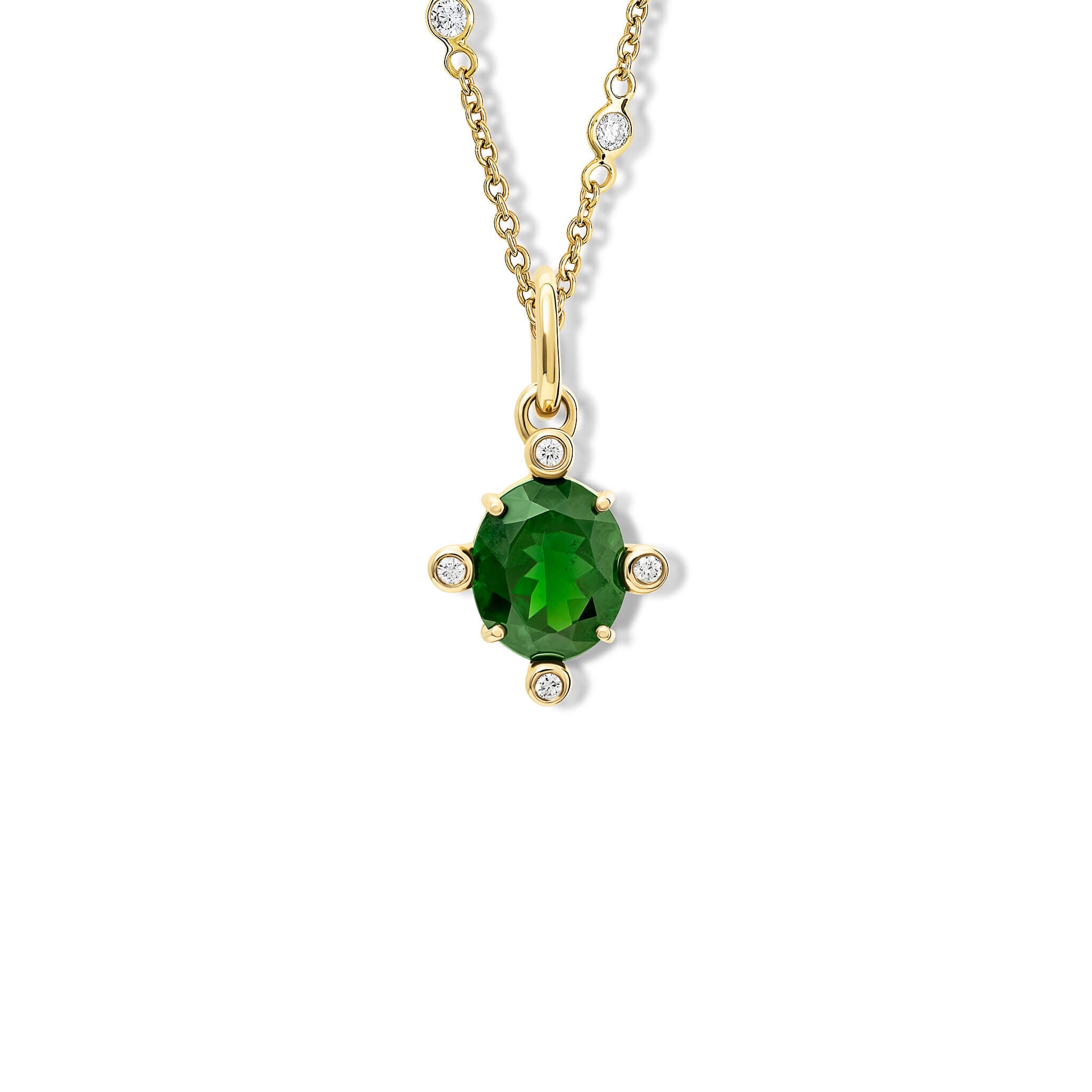 Handcrafted Compass medium necklace pendant in yellow gold with chrome diopside set with four diamonds.