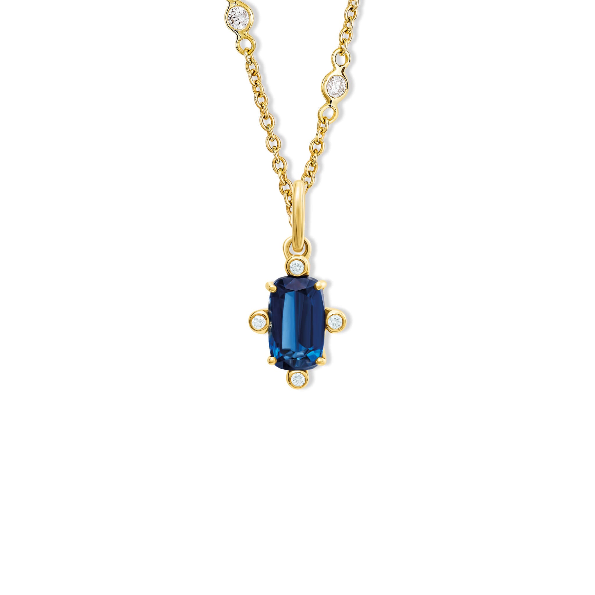 Handcrafted 18ct yellow gold pendant with medium facetted rare kyanite set with four diamonds