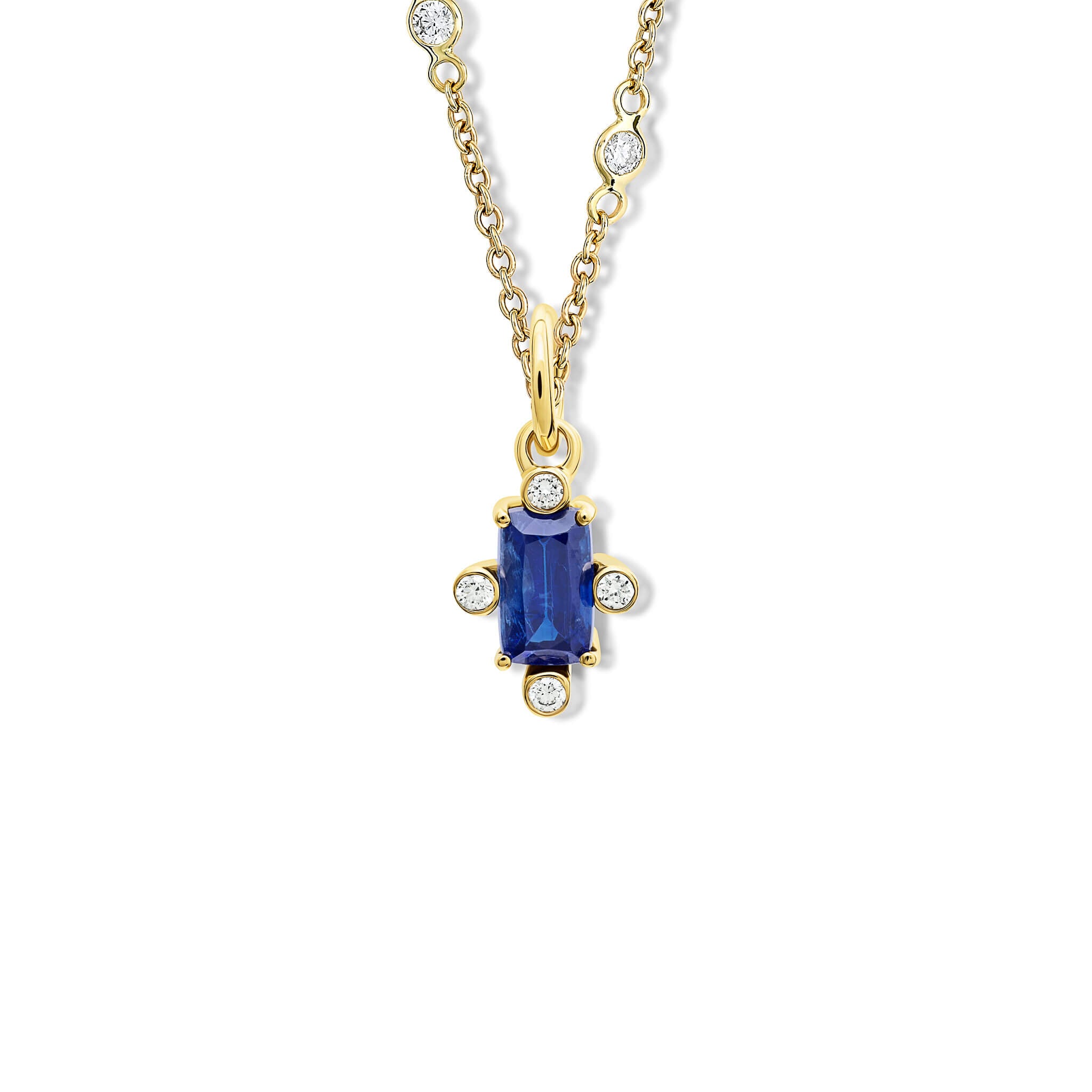 Handcrafted 18ct yellow gold pendant with medium facetted long kyanite set with four diamonds