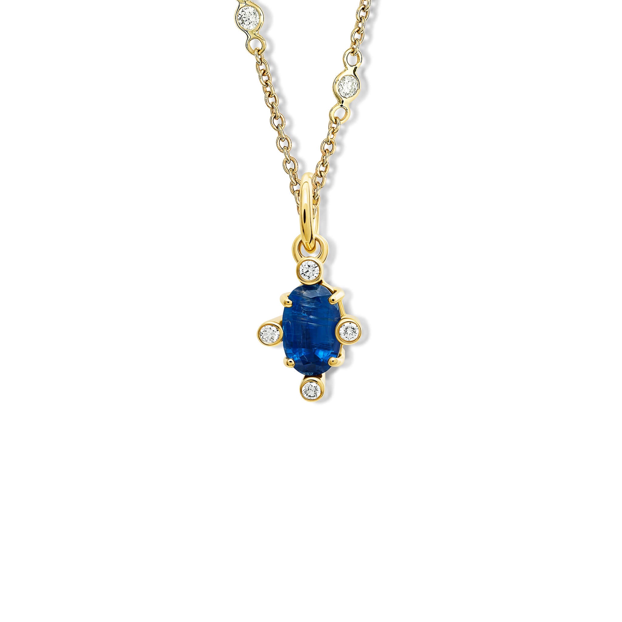 Handcrafted 18ct yellow gold pendant with medium facetted rare oval kyanite set with four diamonds