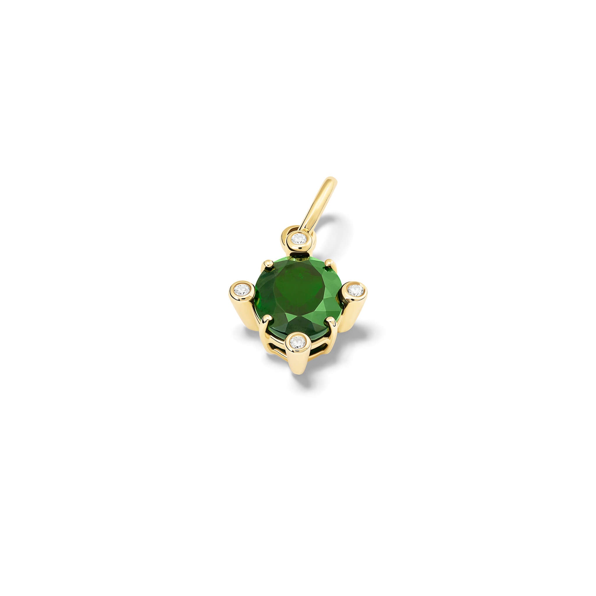 Handcrafted Compass medium necklace pendant in yellow gold with chrome diopside set with four diamonds.