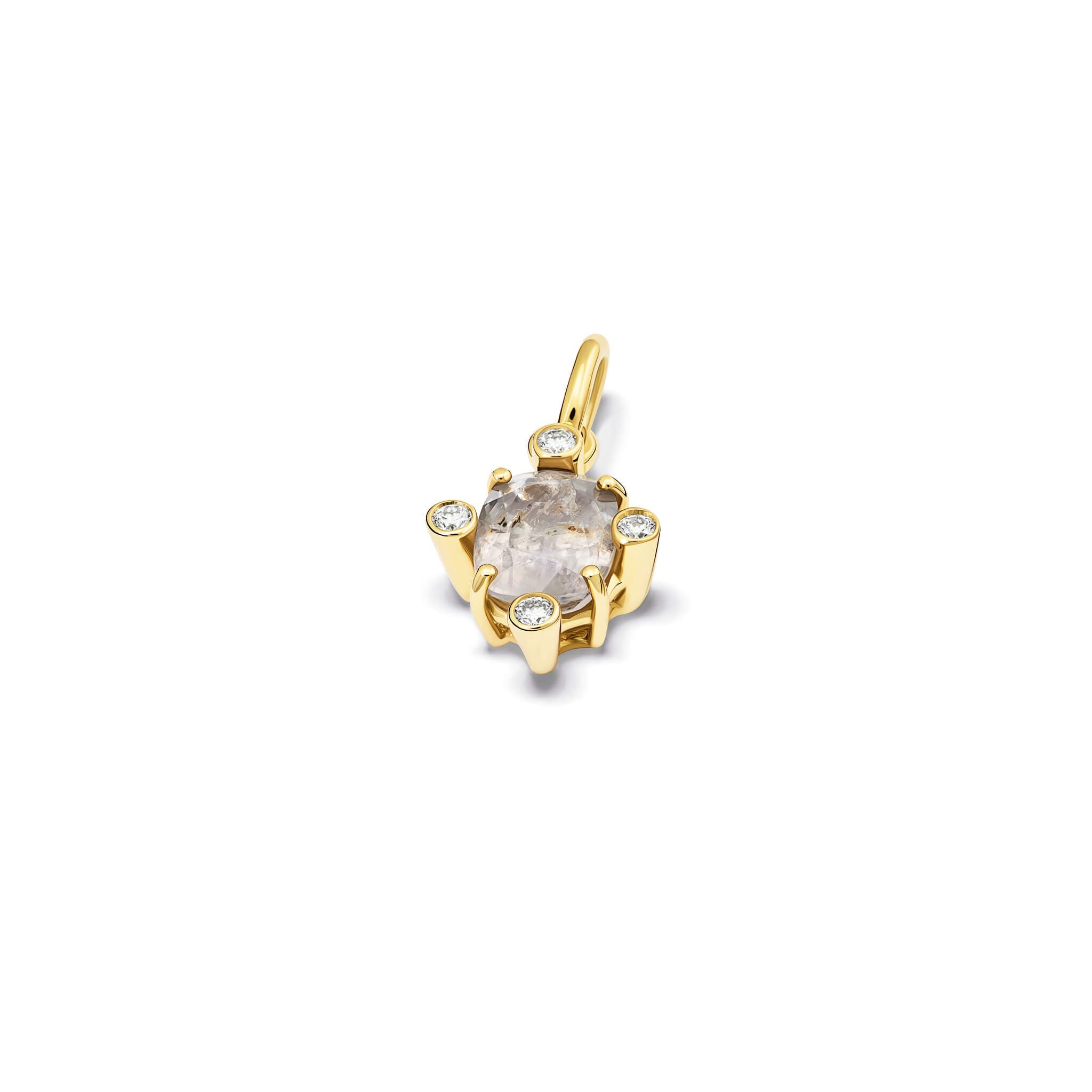 Handcrafted 18ct yellow gold pendant with medium facetted rare pale pink sapphire set with four diamonds