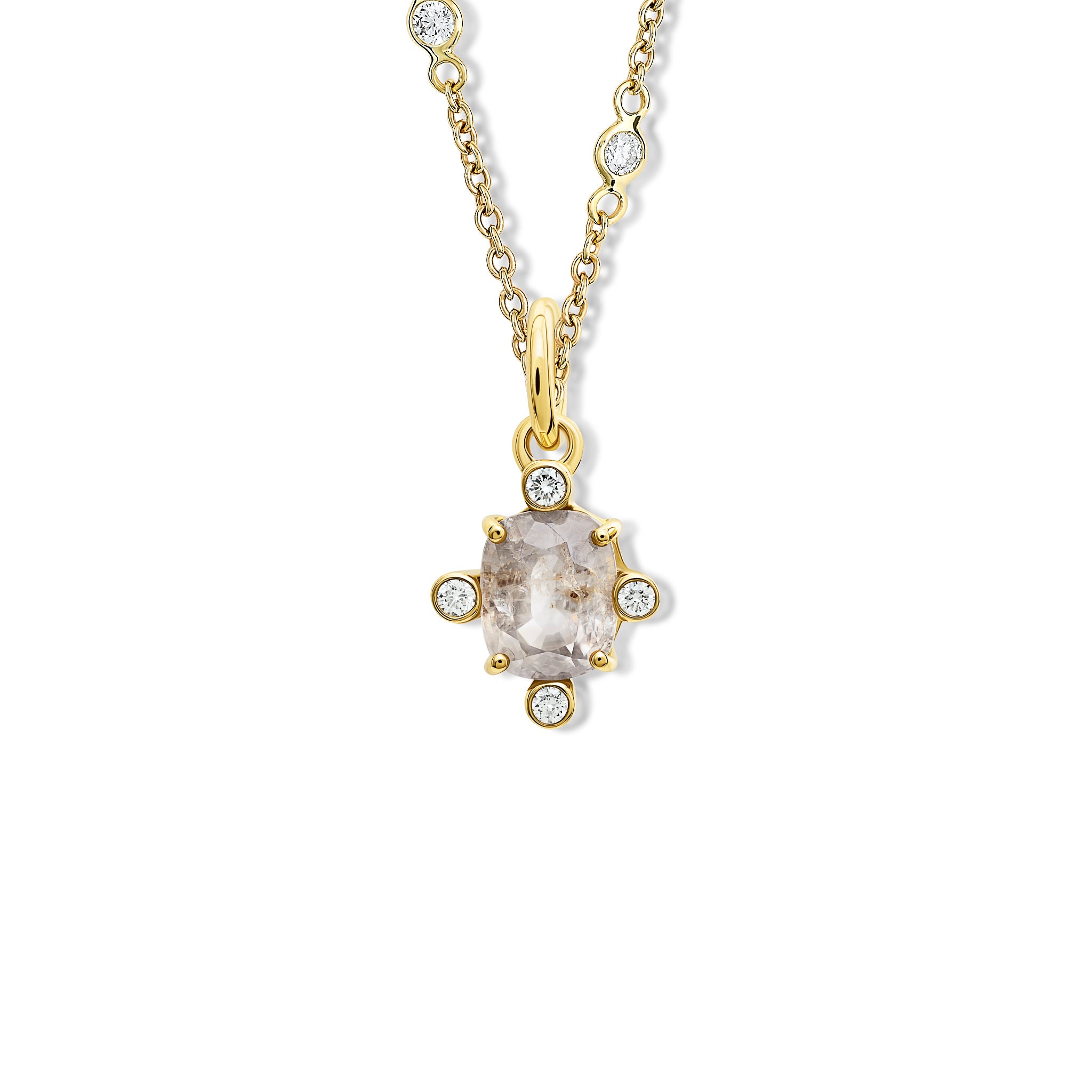 Handcrafted 18ct yellow gold pendant with medium facetted rare pale pink sapphire set with four diamonds