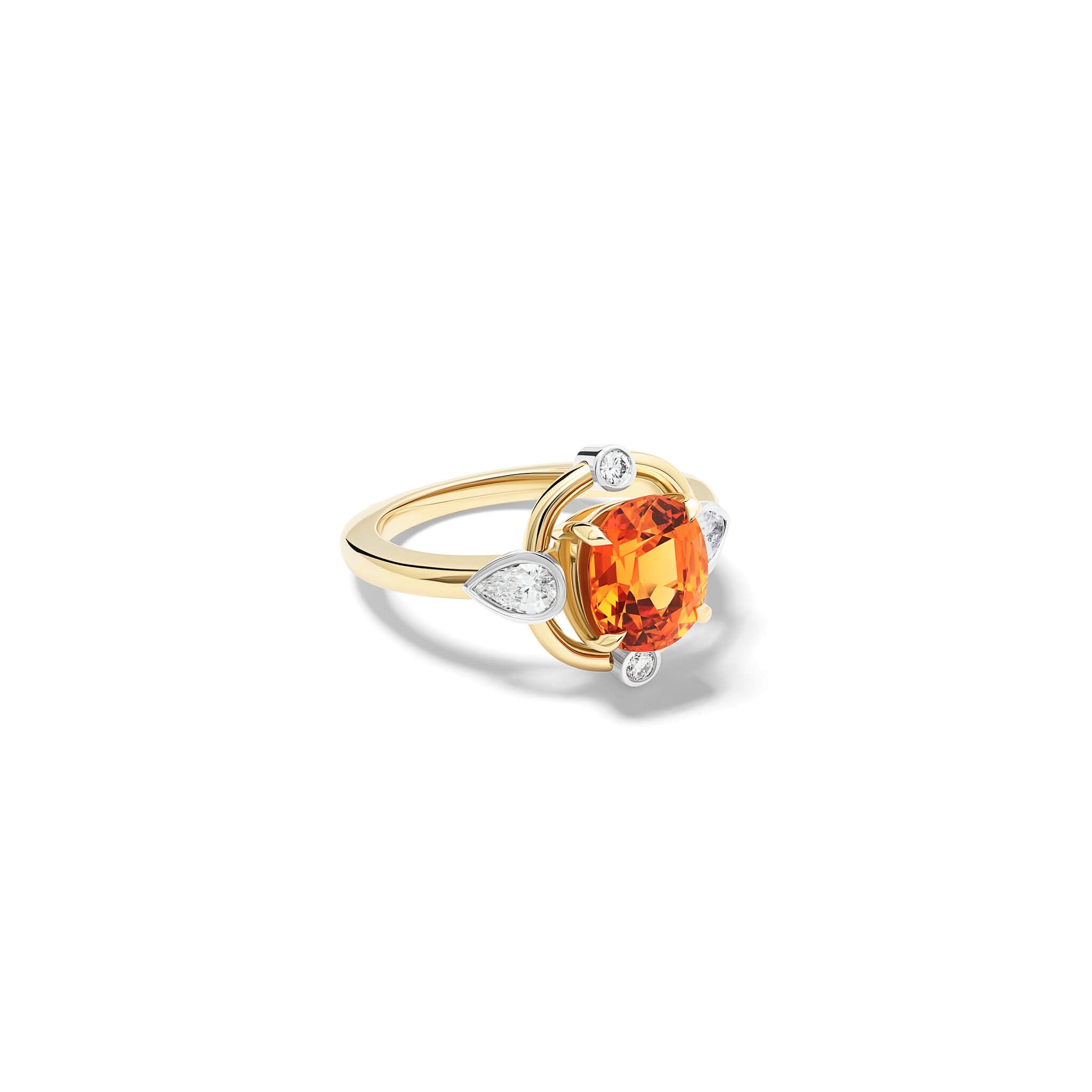 Handmade 18ct yellow gold cocktail ring featuring a mandarin garnet at its centre, surrounded by four smaller diamonds, two teardrop-shaped, january birthstone