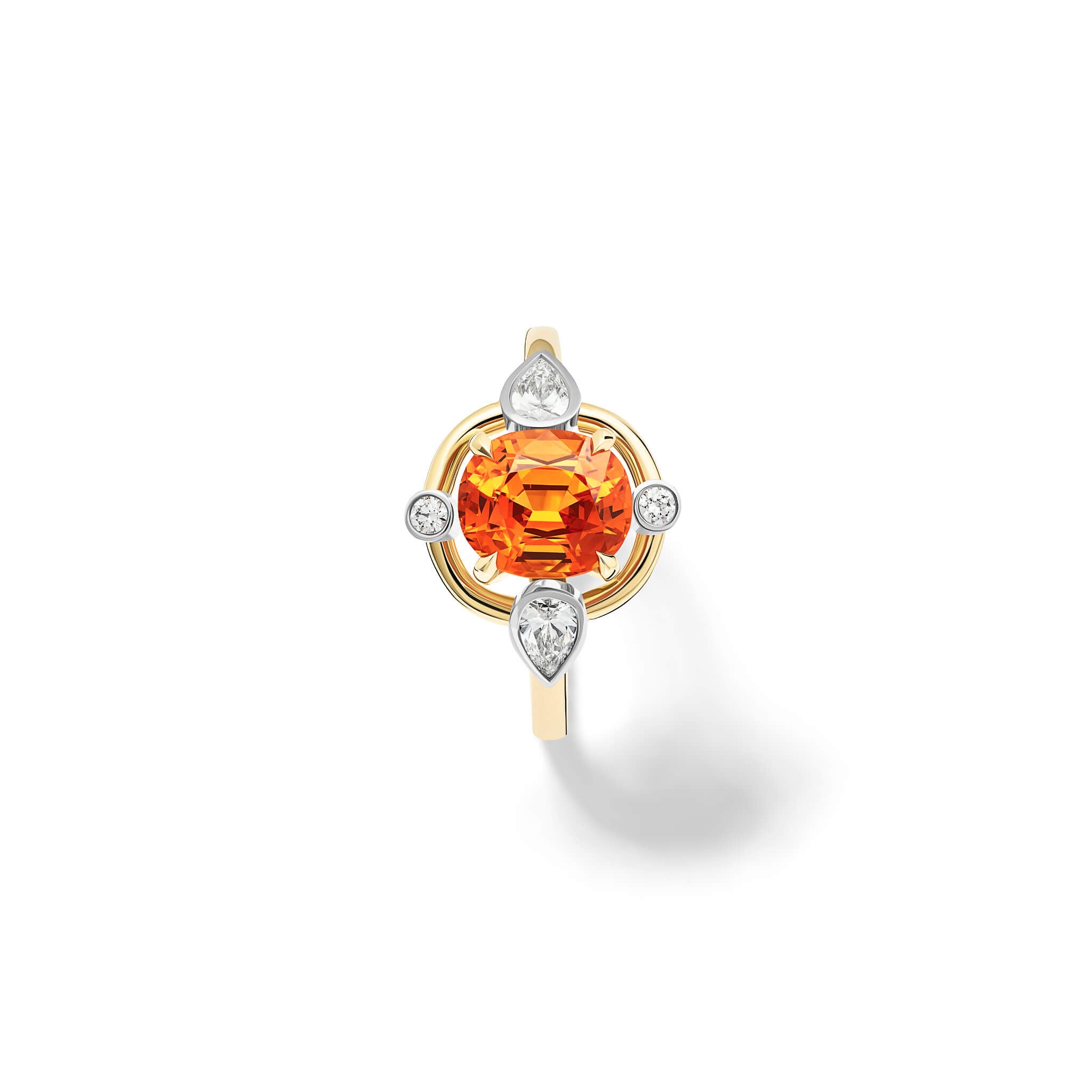Handmade 18ct yellow gold cocktail ring featuring a mandarin garnet at its centre, surrounded by four smaller diamonds, two teardrop-shaped, january birthstone
