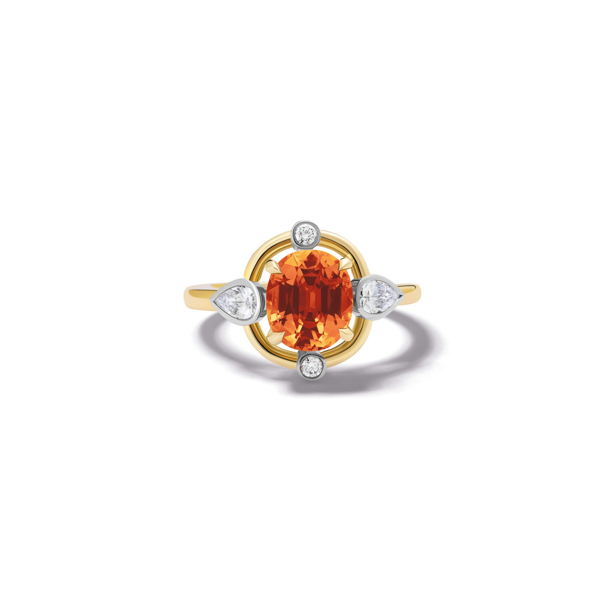 Handmade 18ct yellow gold cocktail ring featuring a mandarin garnet at its centre, surrounded by four smaller diamonds, two teardrop-shaped, january birthstone