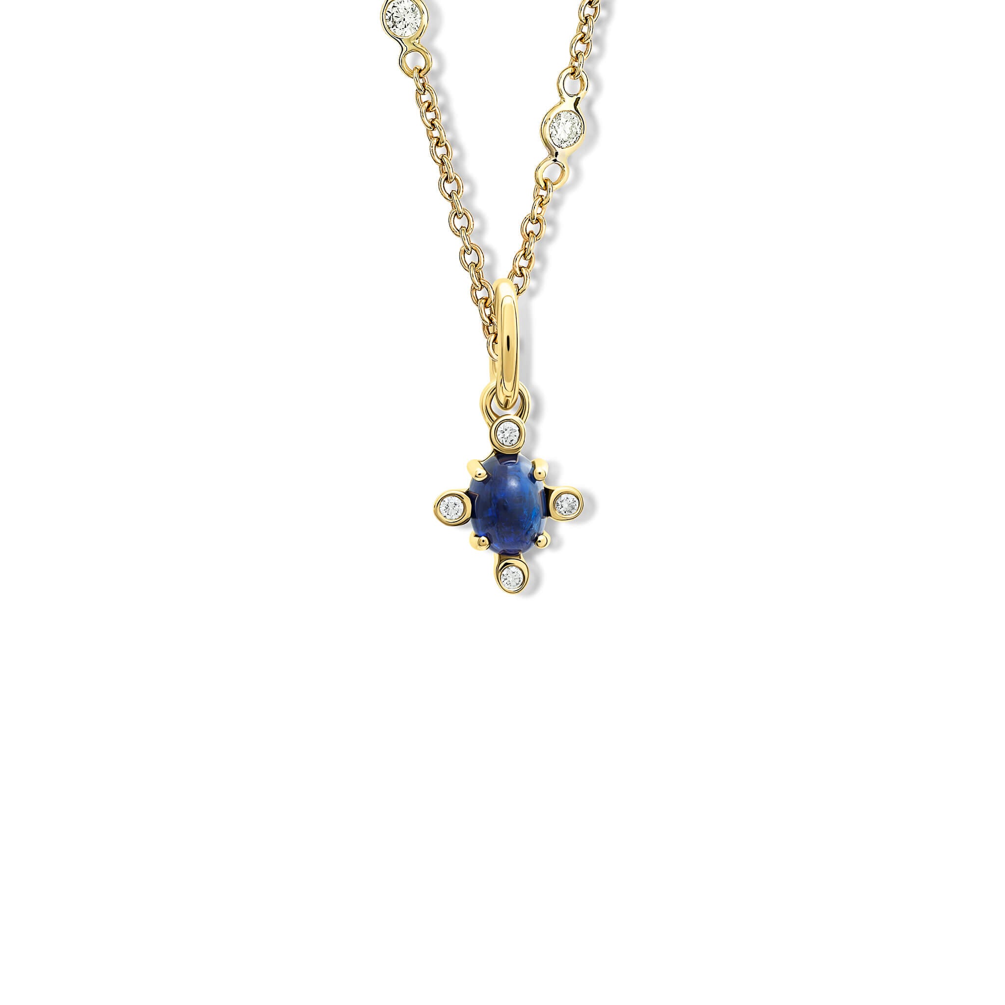 Handcrafted 18ct yellow gold Compass pendant with cabochon kyanite set with four diamonds and a yellow gold diamond pave loop.