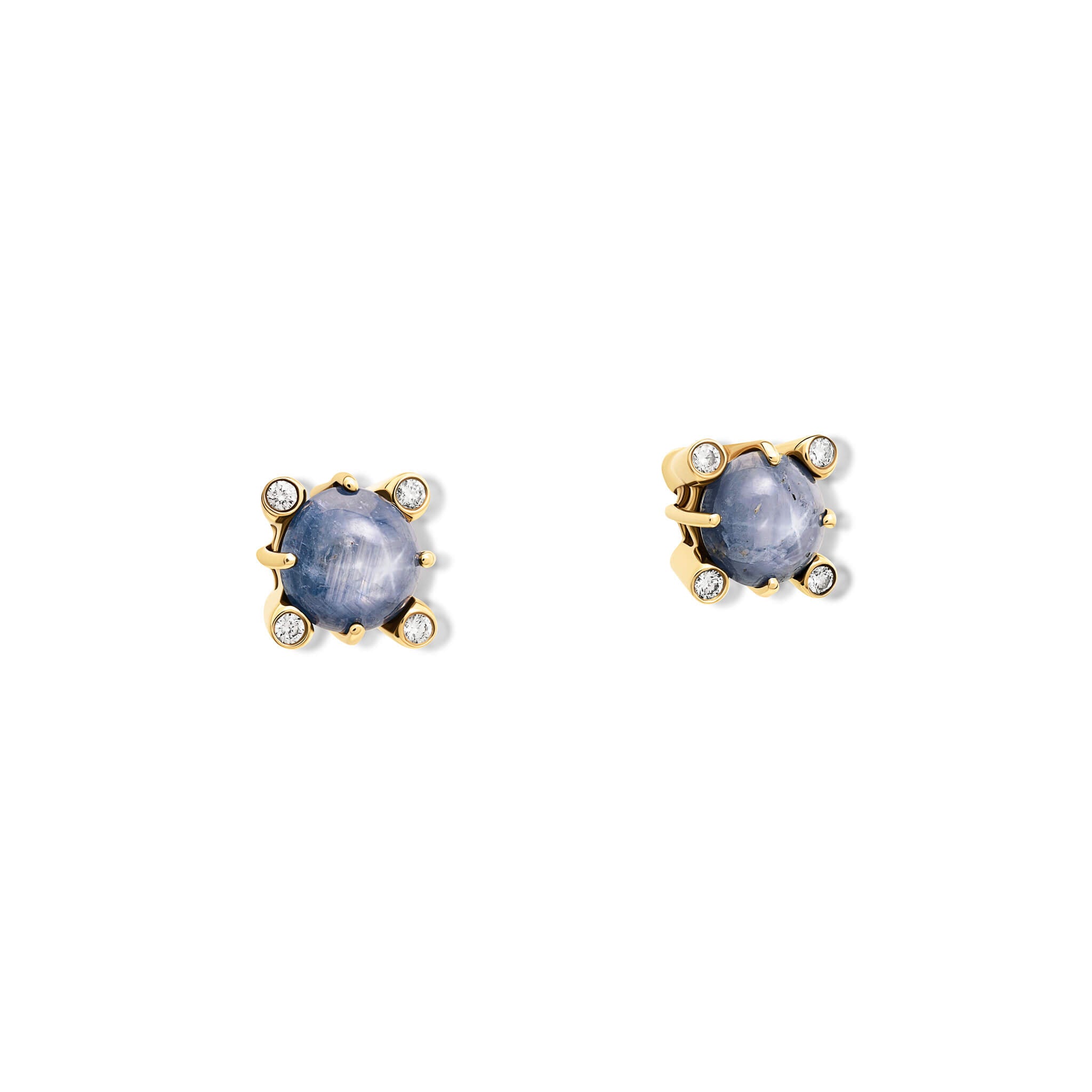 Handcrafted Compass stud earrings in yellow gold with star sapphire and diamond, september birthstone