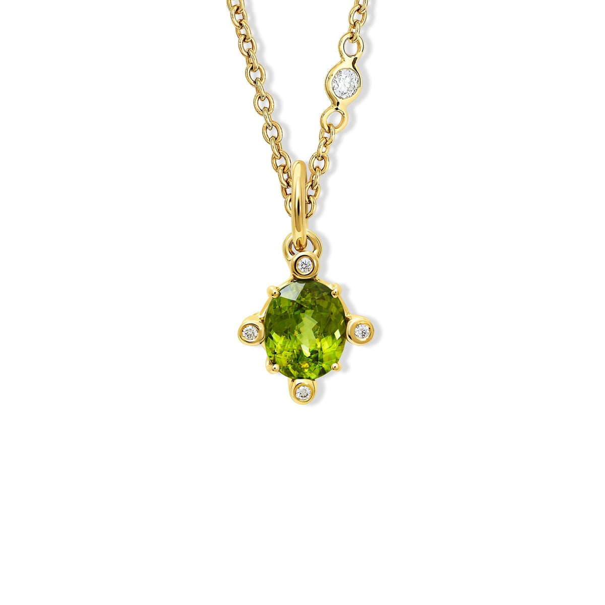 Handcrafted Compass medium necklace pendant in 18ct yellow gold with green sphene set with four diamonds.