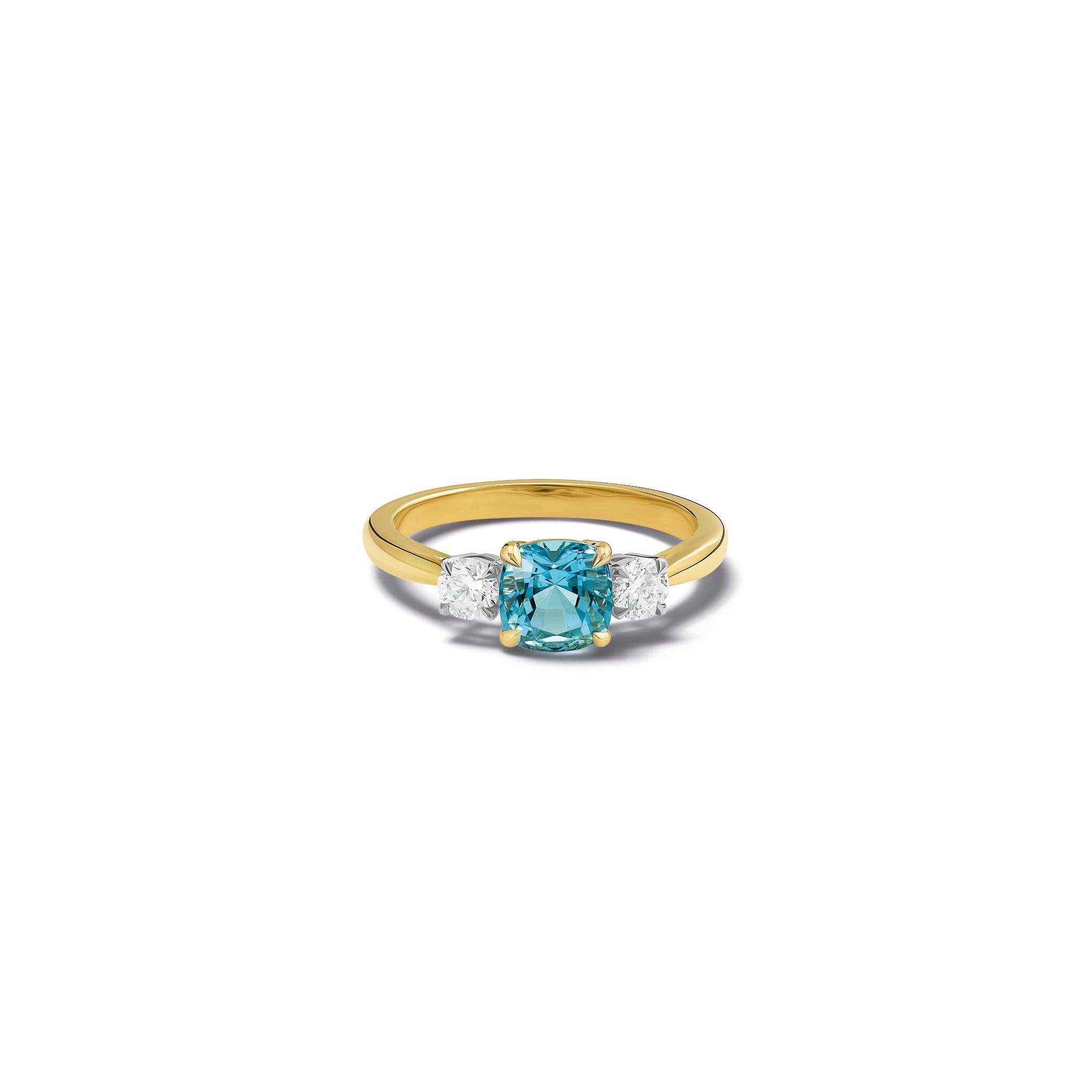Handcrafted Delilah engagement ring in 18ct yellow and white gold with aquamarine and diamond.