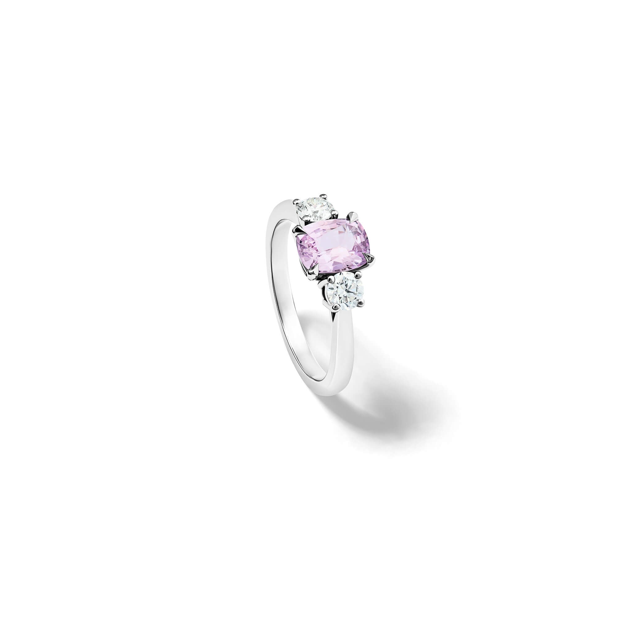 Handcrafted Delilah engagement ring in platinum with pink sapphire and diamond, september birthstone