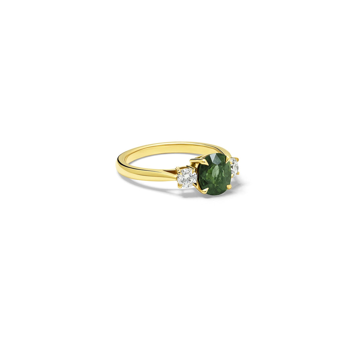 Handcrafted Delilah engagement ring in 18ct yellow and white gold with green sapphire and diamond. September birthstone.