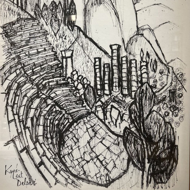 Black and white drawing of Delphi doric columns by Desmond Knox-Leet, 1961