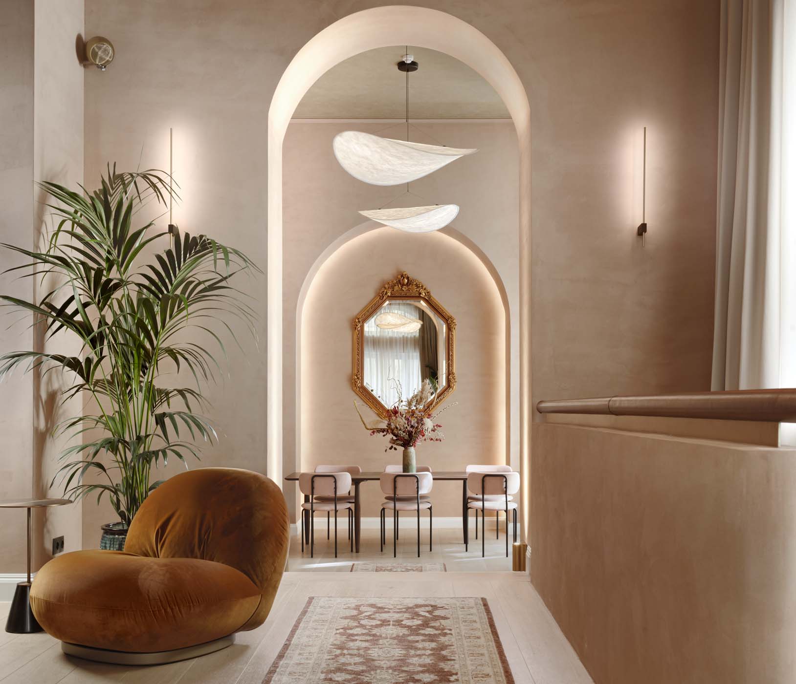 Monument Hotel, Athens, Lobby and interiors with mix of modern lamp and antique mirror. 
