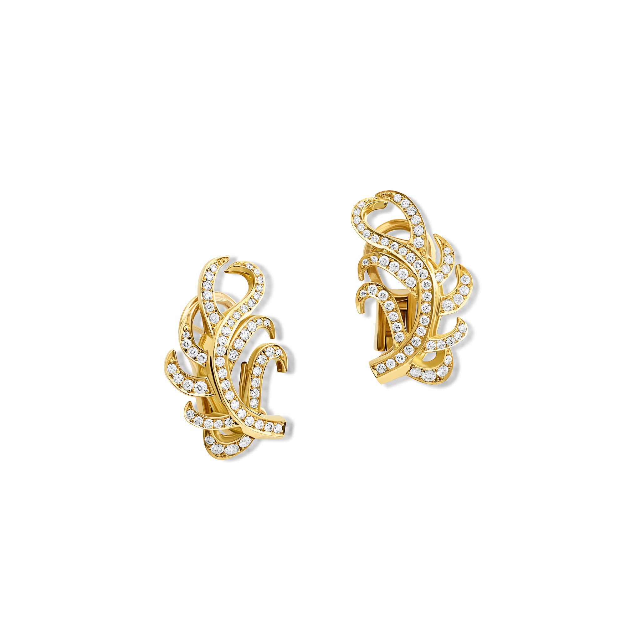 Handcrafted earrings in the shape of a feather plume in 18ct yellow gold with diamond pave.