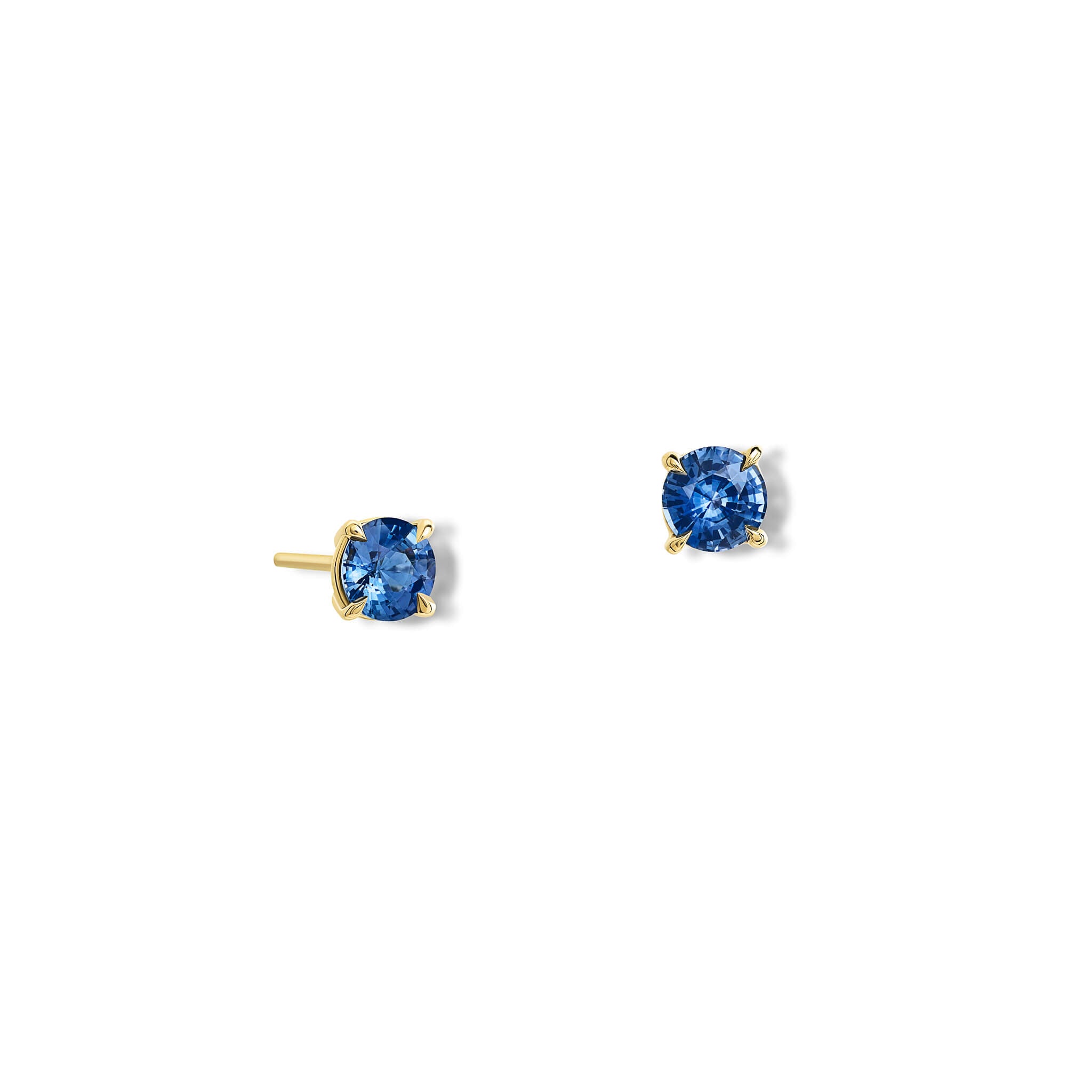 Handcrafted 18ct yellow gold interchangeable stud earrings featuring round blue sapphire, the birthstone of september