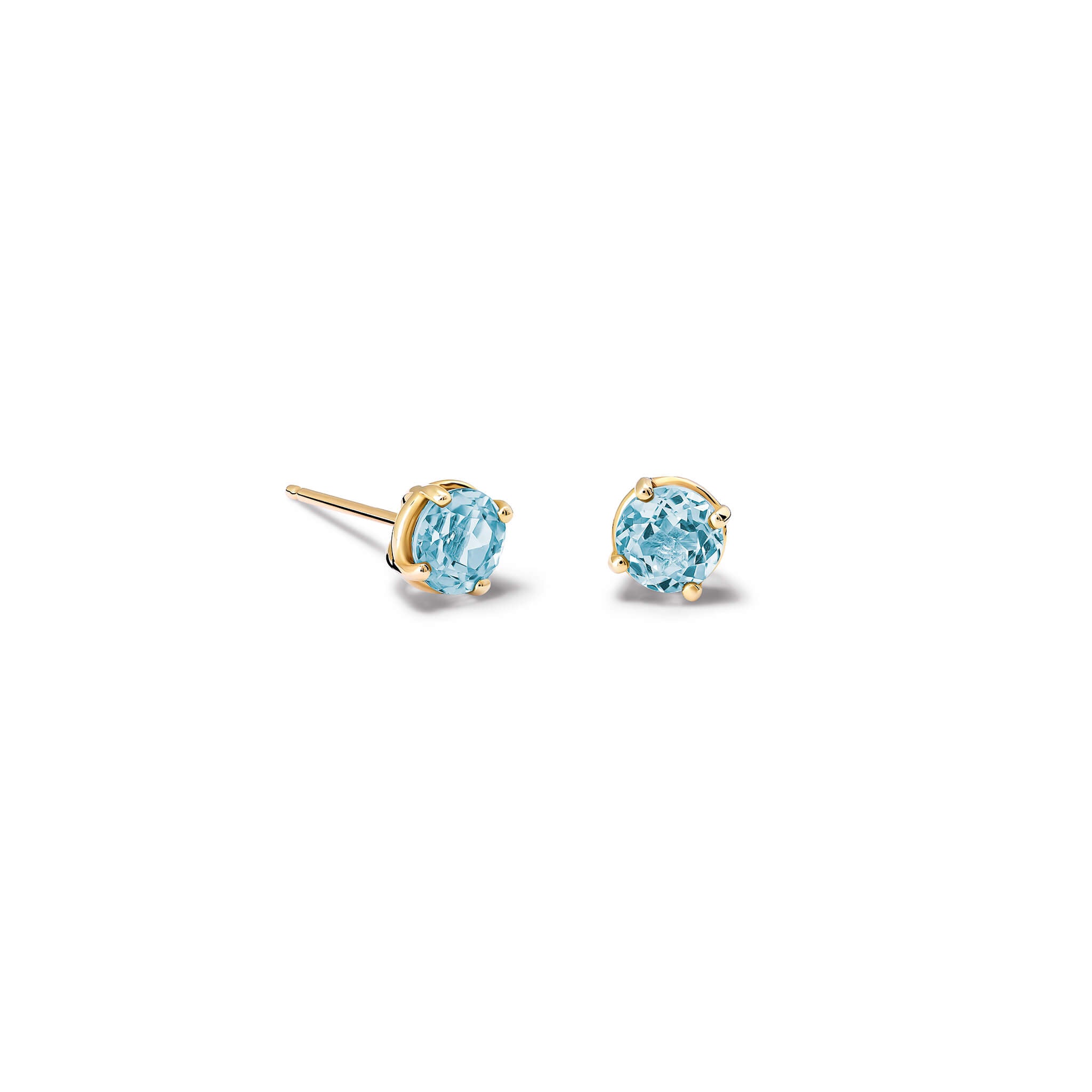 Handcrafted yellow gold stud earrings featuring round blue topaz gemstones, the birthstone of November.