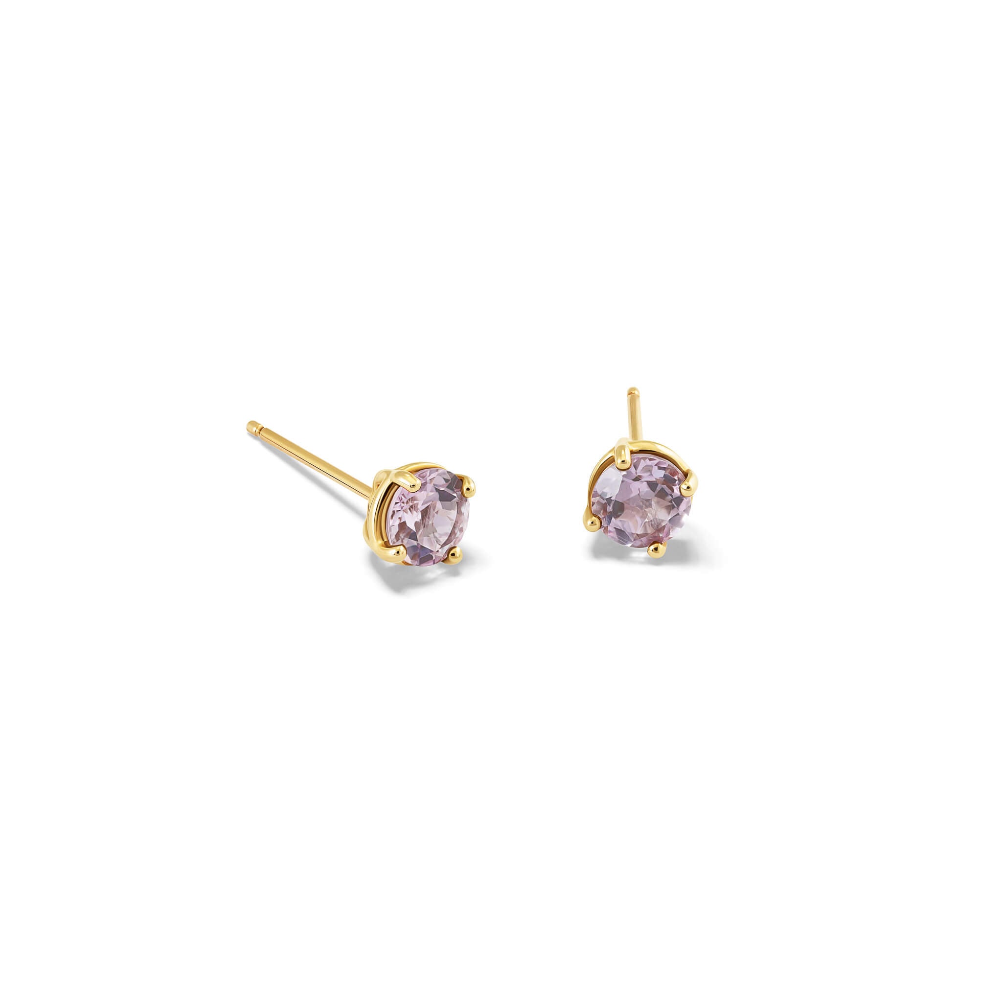 Handcrafted 18ct yellow gold stud earrings featuring round pink amethyst, the birthstone of February.