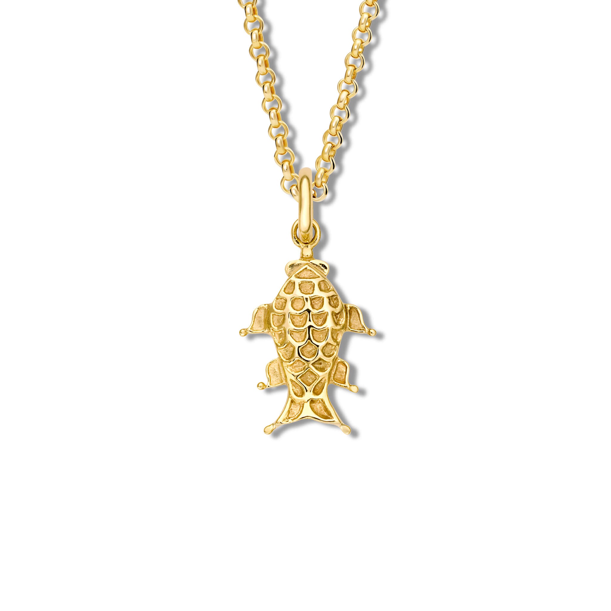 Handcrafted yellow gold fish shaped charm pendant.