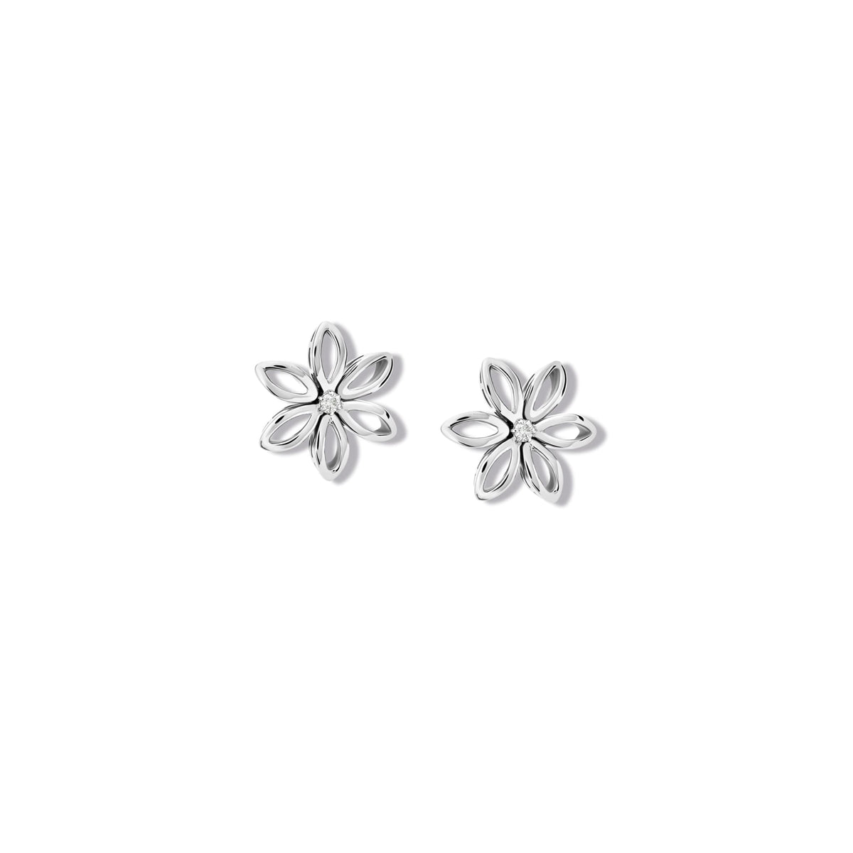 Handcrafted silver flower studs with a central diamond, birthstone of April.