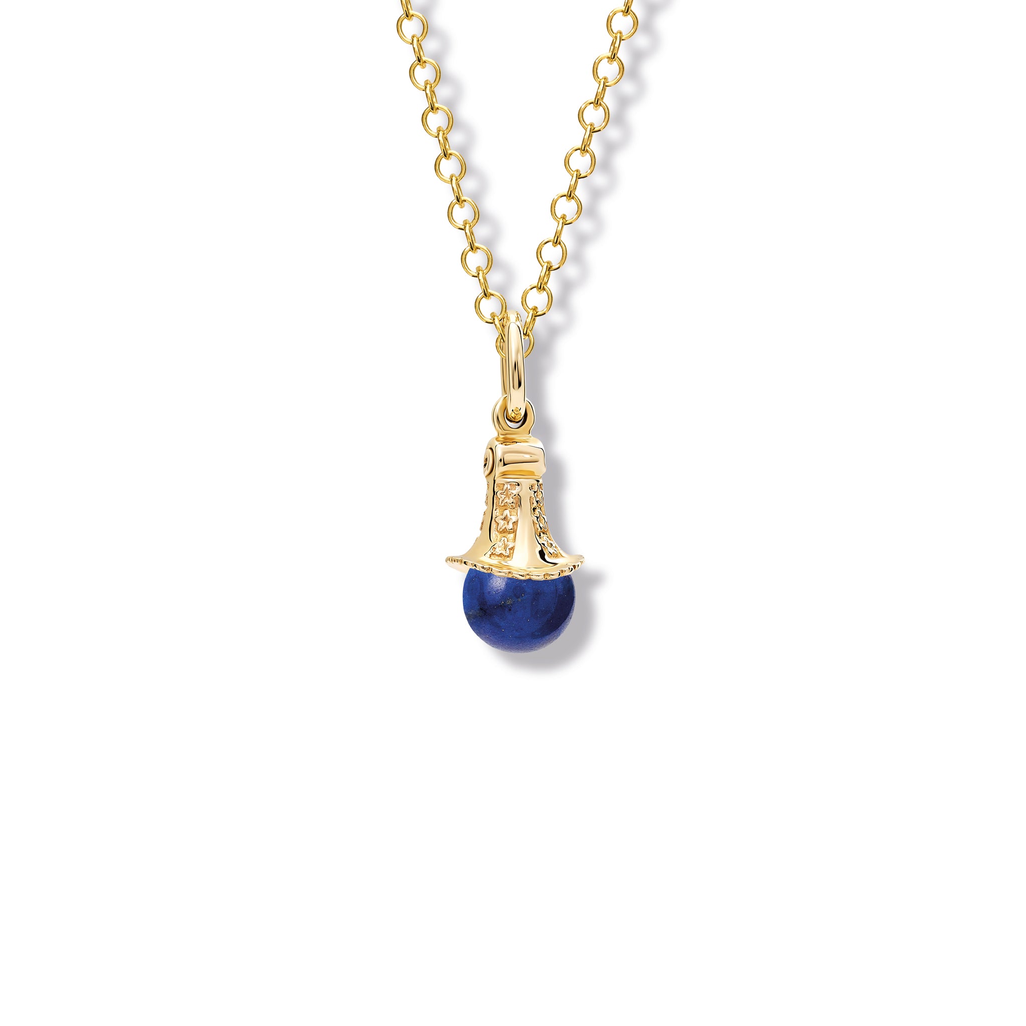 Handcrafted necklace pendant in yellow gold with a bead of lapis lazuli.