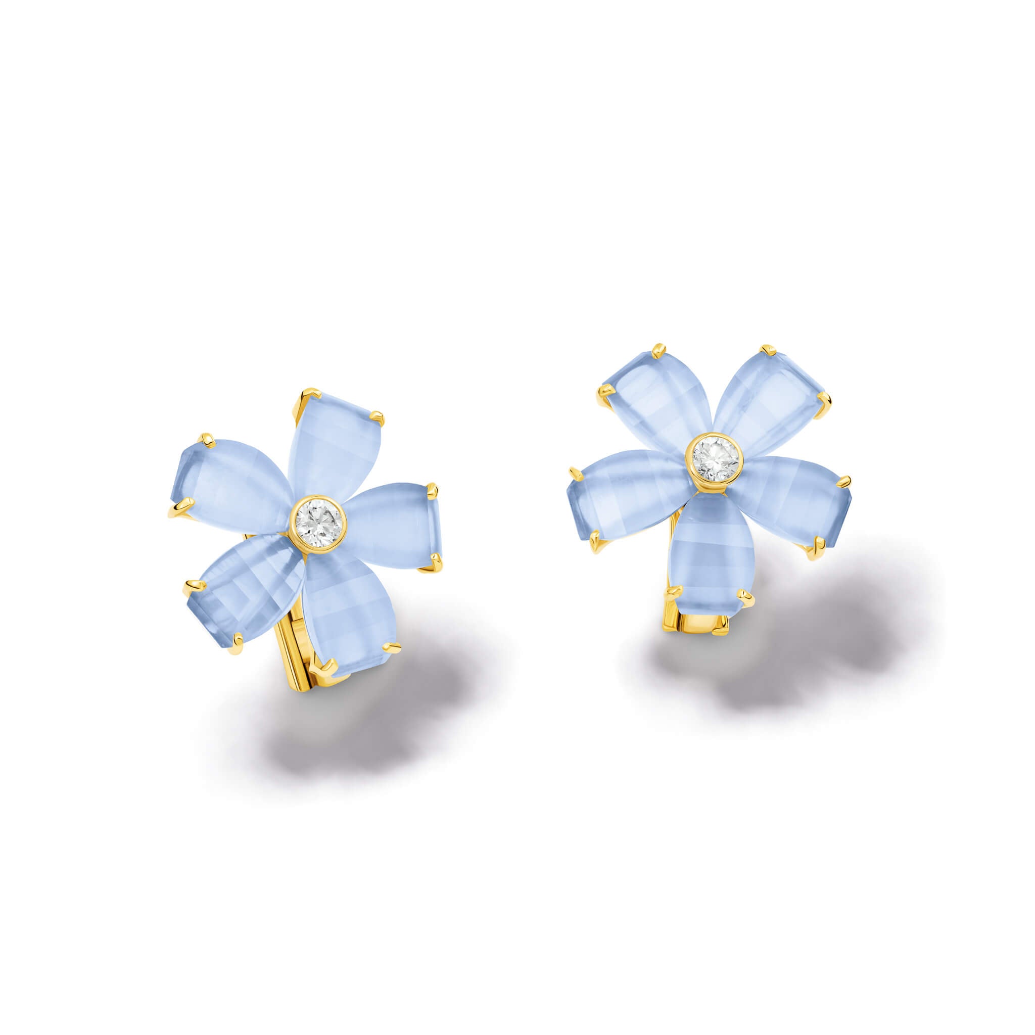 Handcrafted yellow gold flower earring studs featuring five blue chalcedony petals and a central diamond.