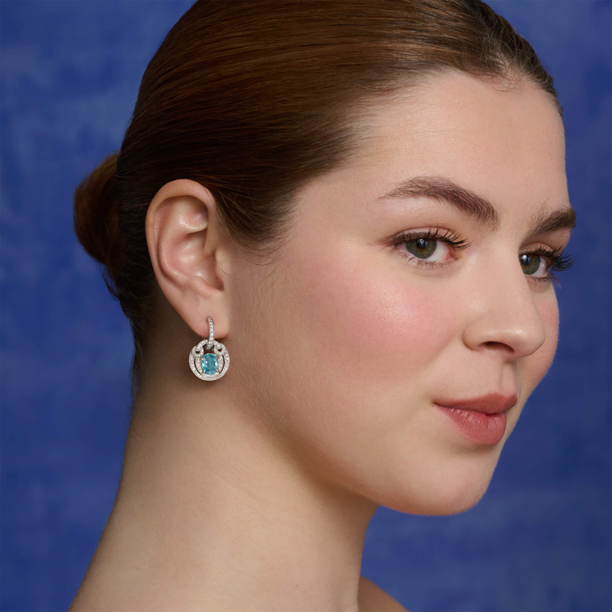 The Frida earring drops in 18ct white gold with blue zircon and diamond are inspired by Frida Kahlo and Diego Rivera's legendary love affair. 
