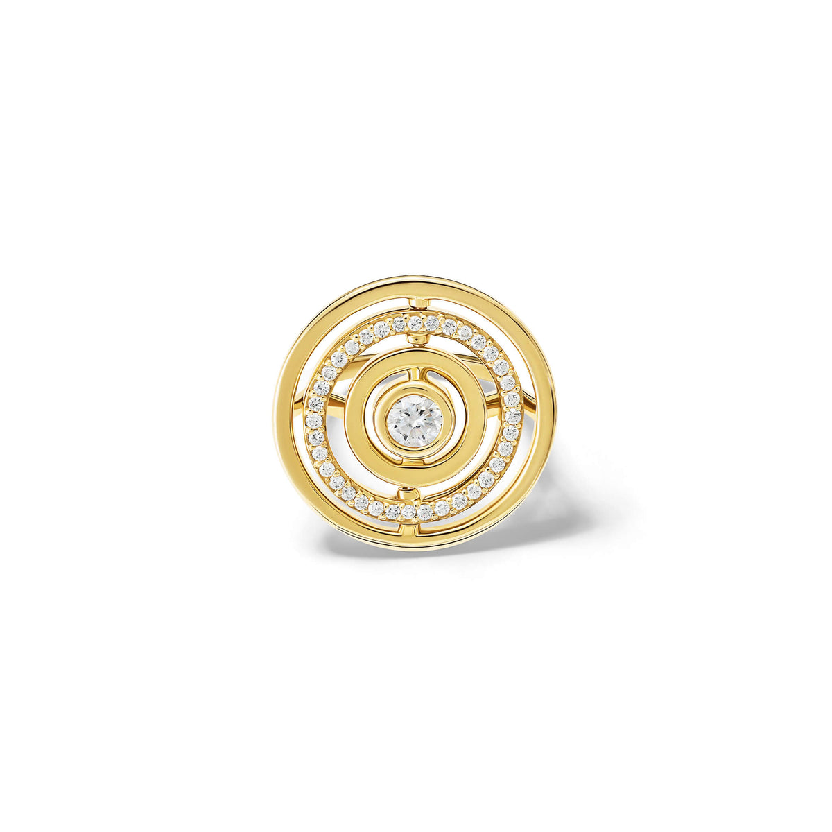 A 9ct yellow gold ring with a central old cut round diamond surrounded by golden circles outwards, one with diamond pave. Inspired by the Scandi motif of an onion and the perfect cocktail ring.