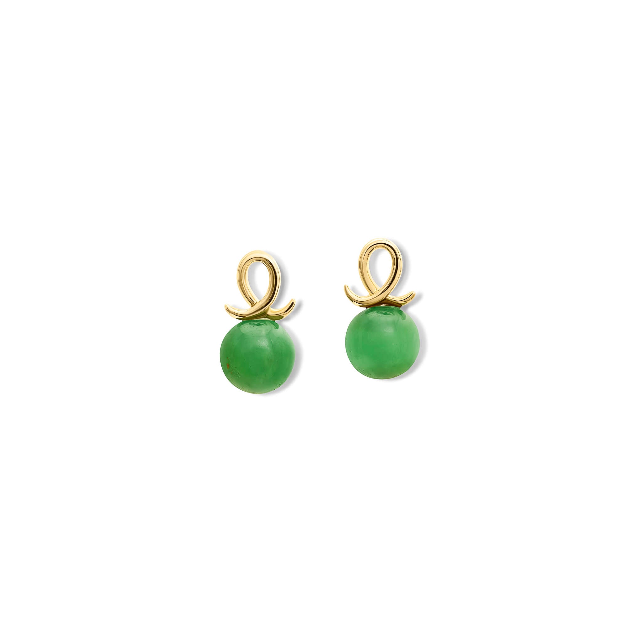 Handcrafted 9ct yellow gold earring drops with round mottled green chrysoprase and an oval loop shape crossing over.