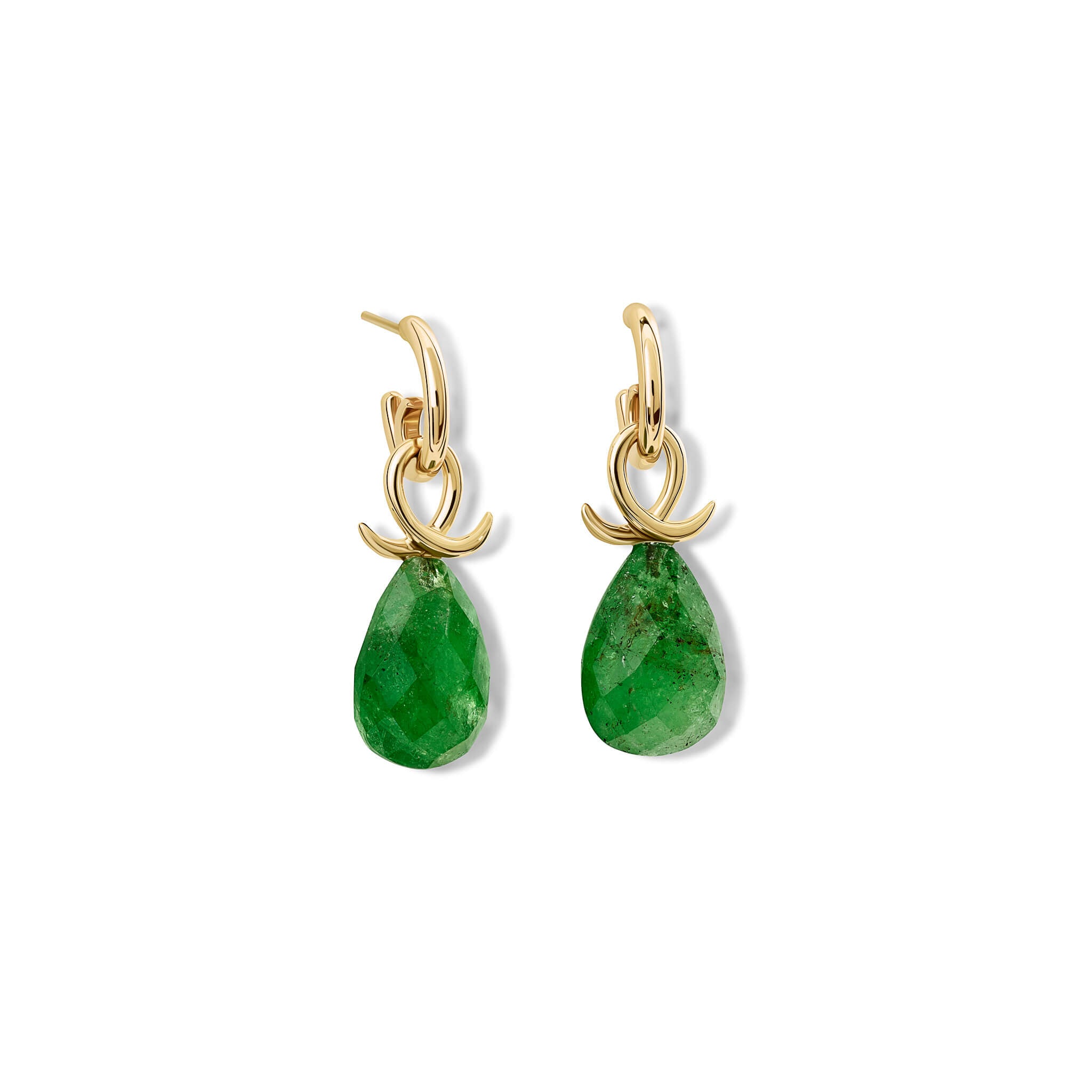 Handcrafted 9ct yellow gold earring drops with oval tsavorite garnet and an oval loop shape crossing over