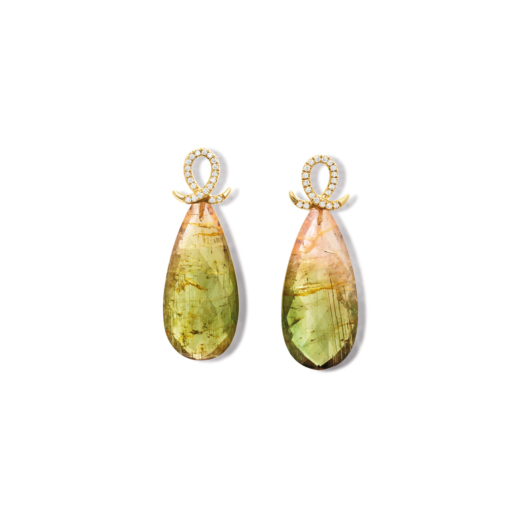Handcrafted 18ct yellow gold earring drops with oval watermelon tourmaline and an oval loop shape crossing over.