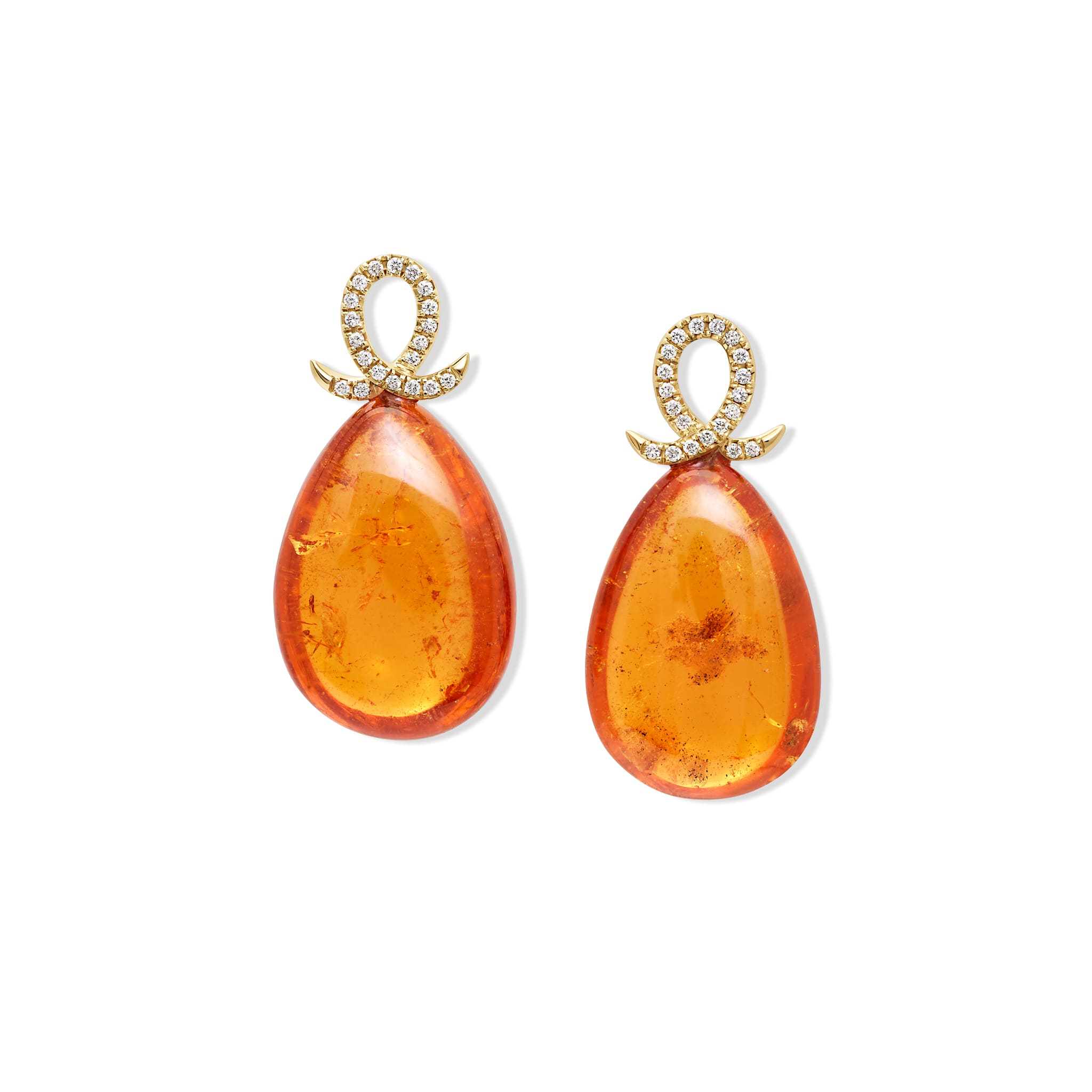Handcrafted 18ct yellow gold earring drops with cabochon mandarin garnet and diamond pave oval loop shape.
