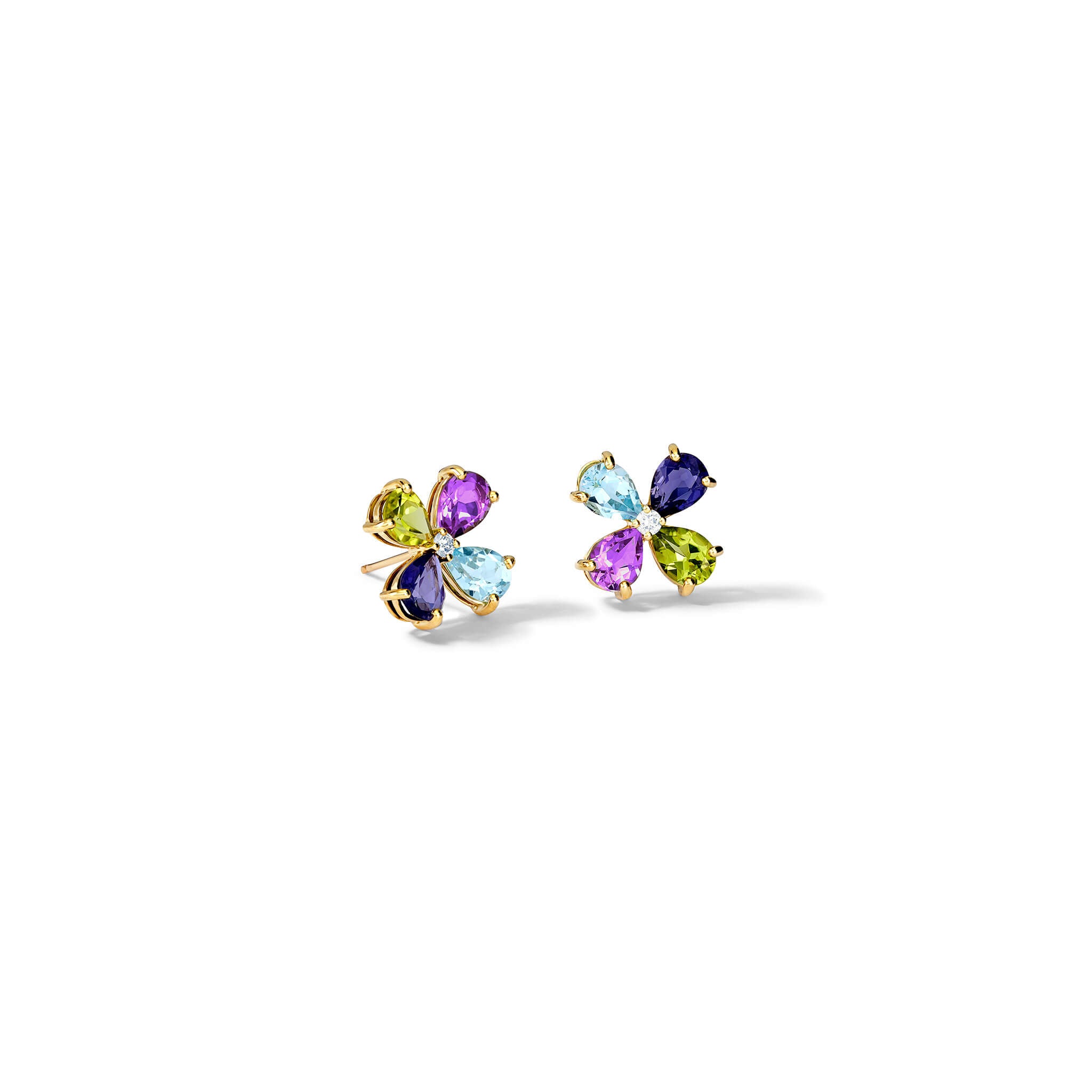 handcrafted 9ct yellow gold four-leaf clover stud earrings with mixed gemstones.