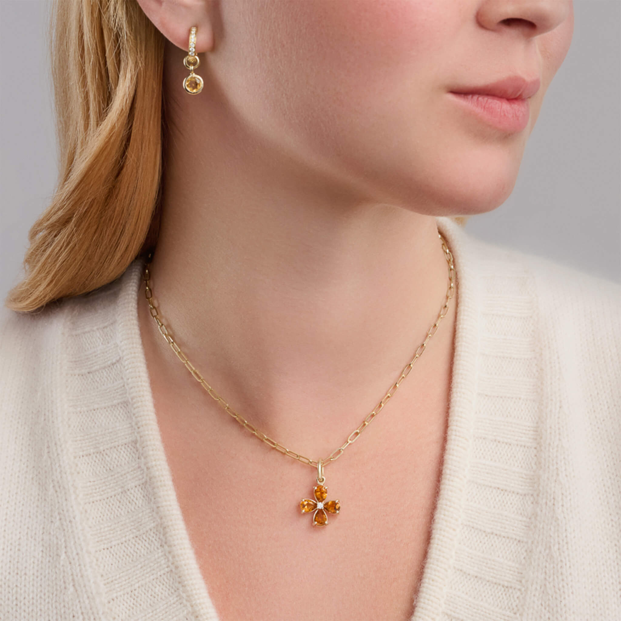 Handcrafted yellow gold four-leaf clover necklace pendant with citrine and diamond, November birthstone