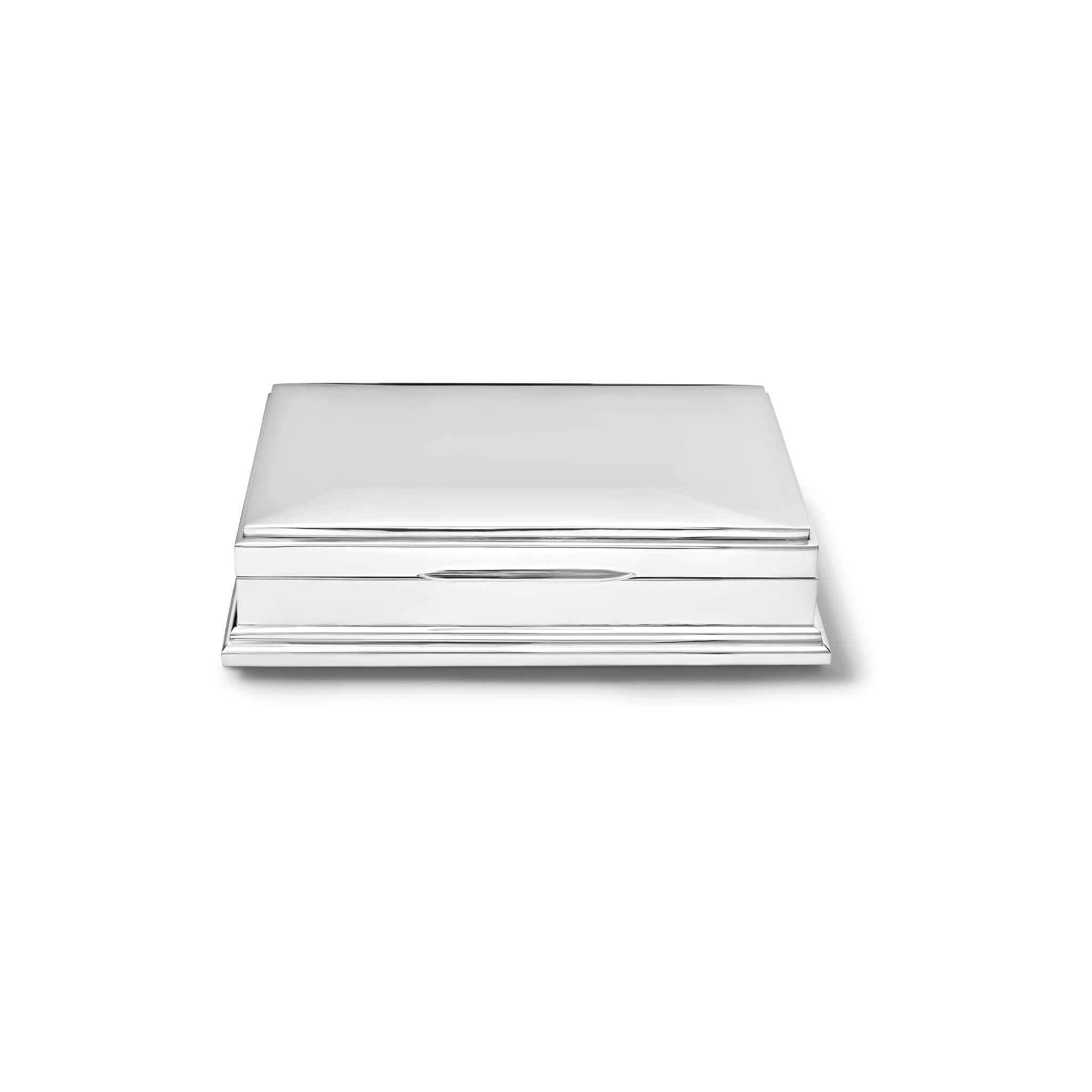 Handcrafted large silver engravable box with a smooth, polished exterior and a mahogany wooden interior