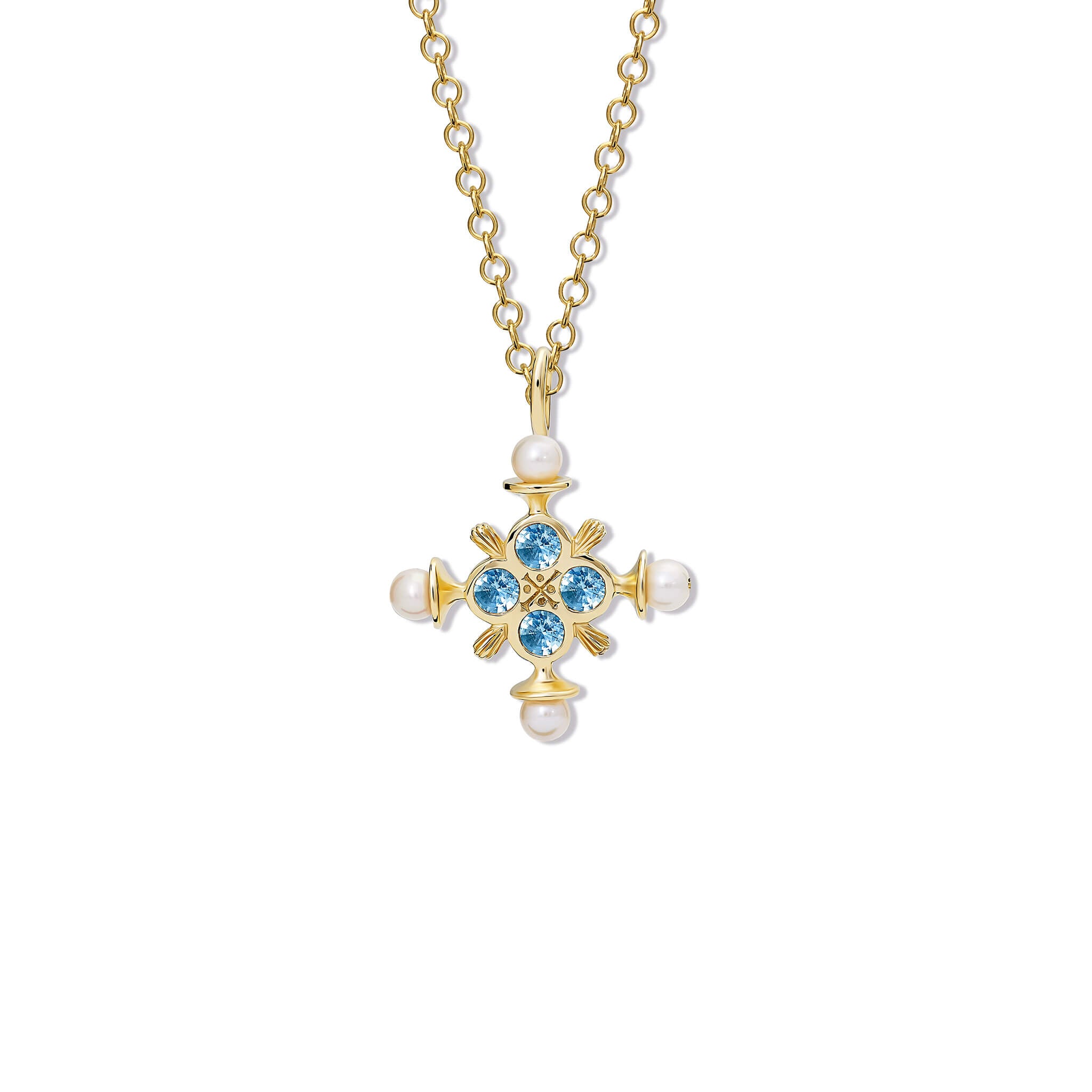 Cassandra Goad large Madrid cross in yellow gold with blue topaz and pearls.