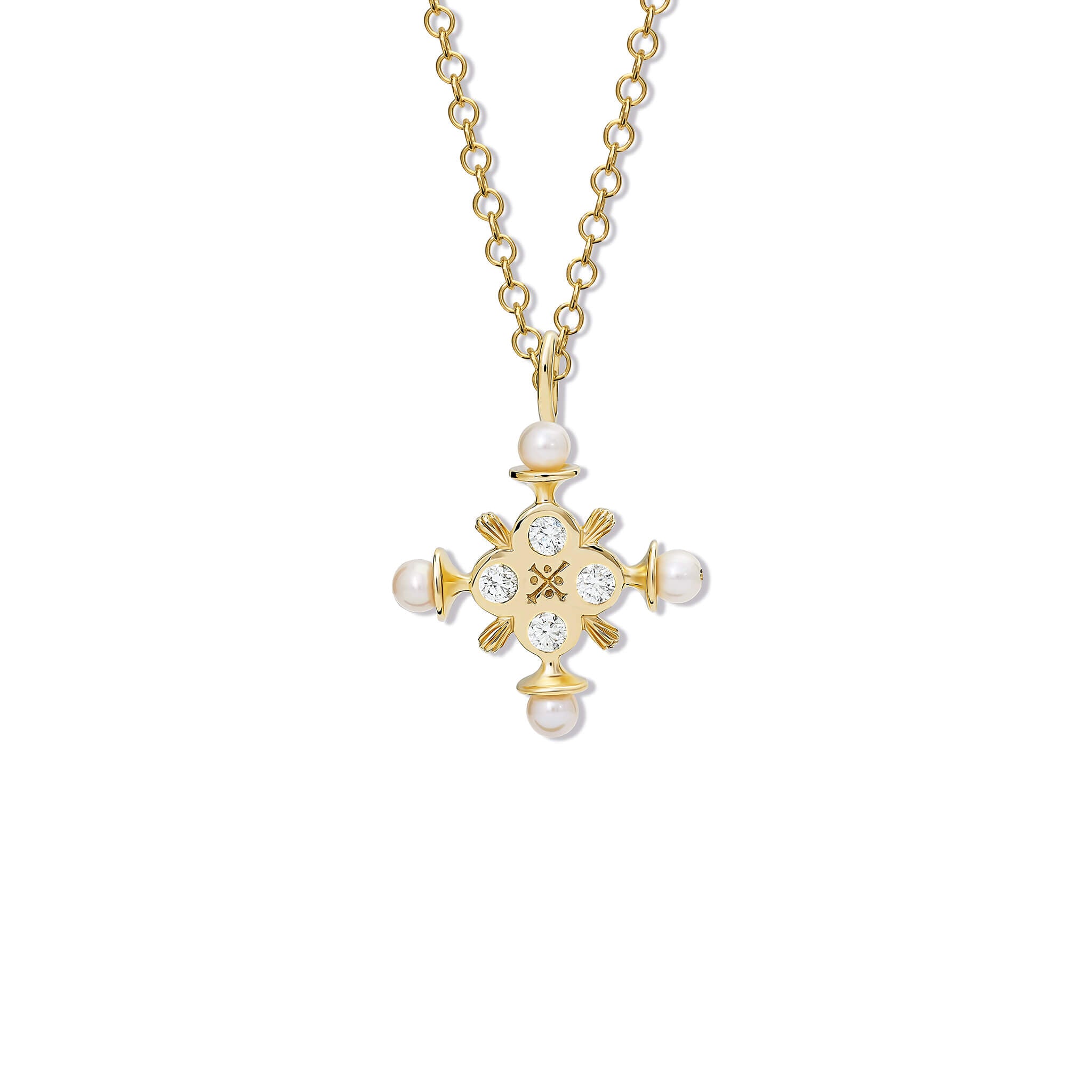 Cassandra Goad large Madrid cross in yellow gold with diamonds and pearls