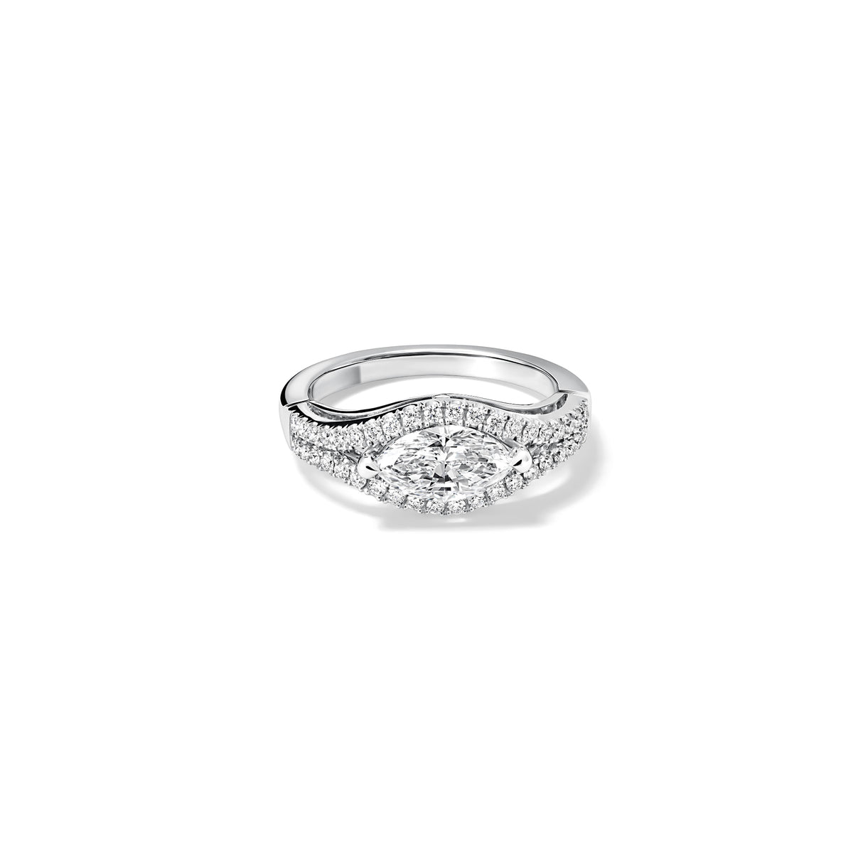Handcrafted Marielle engagement ring in platinum with a central certified marquise cut diamond and diamond pave