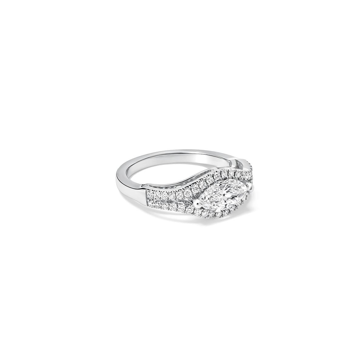 Handcrafted Marielle engagement ring in platinum with a central certified marquise cut diamond and diamond pave