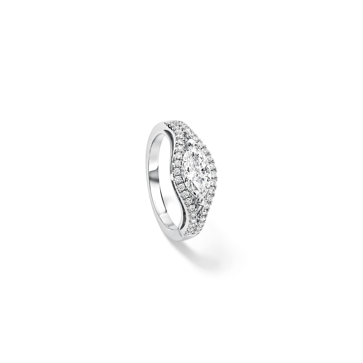 Handcrafted Marielle engagement ring in platinum with a central certified marquise cut diamond and diamond pave