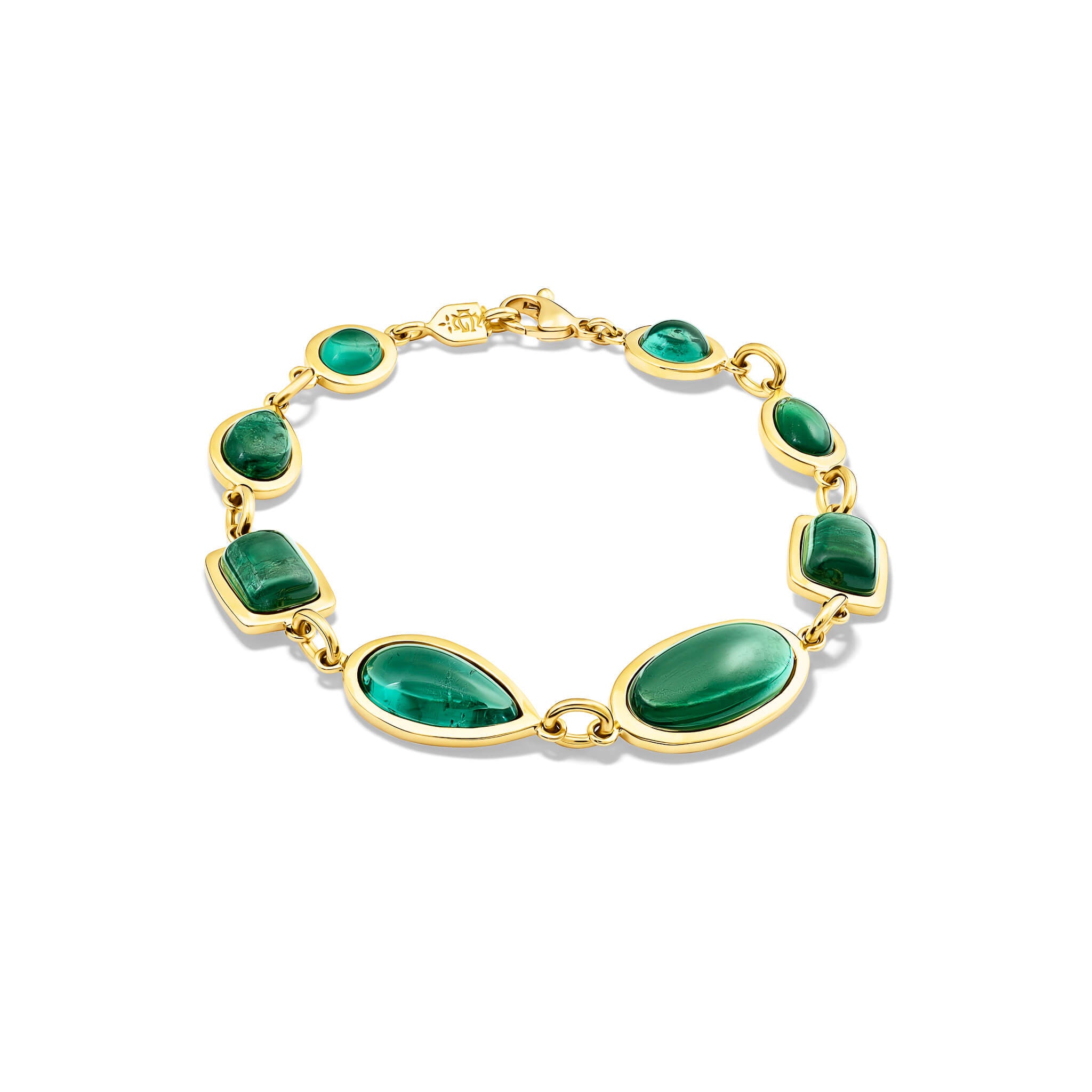 Handcrafted 18ct yellow gold bracelet with cabochon strong green tourmaline