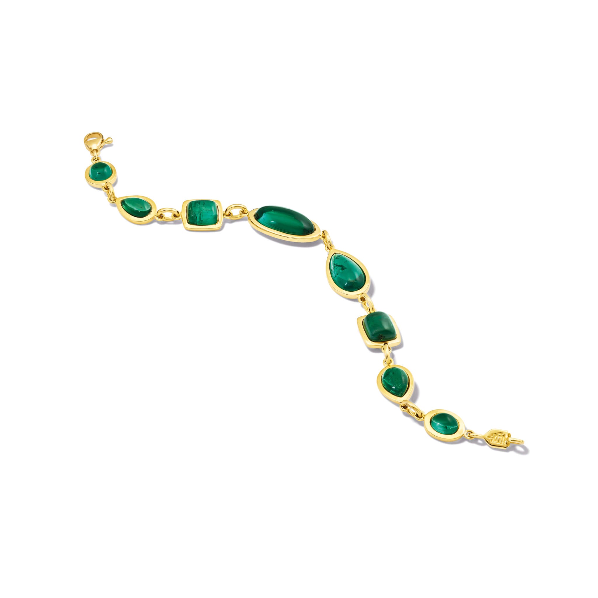 Handcrafted 18ct yellow gold bracelet with cabochon strong green tourmaline