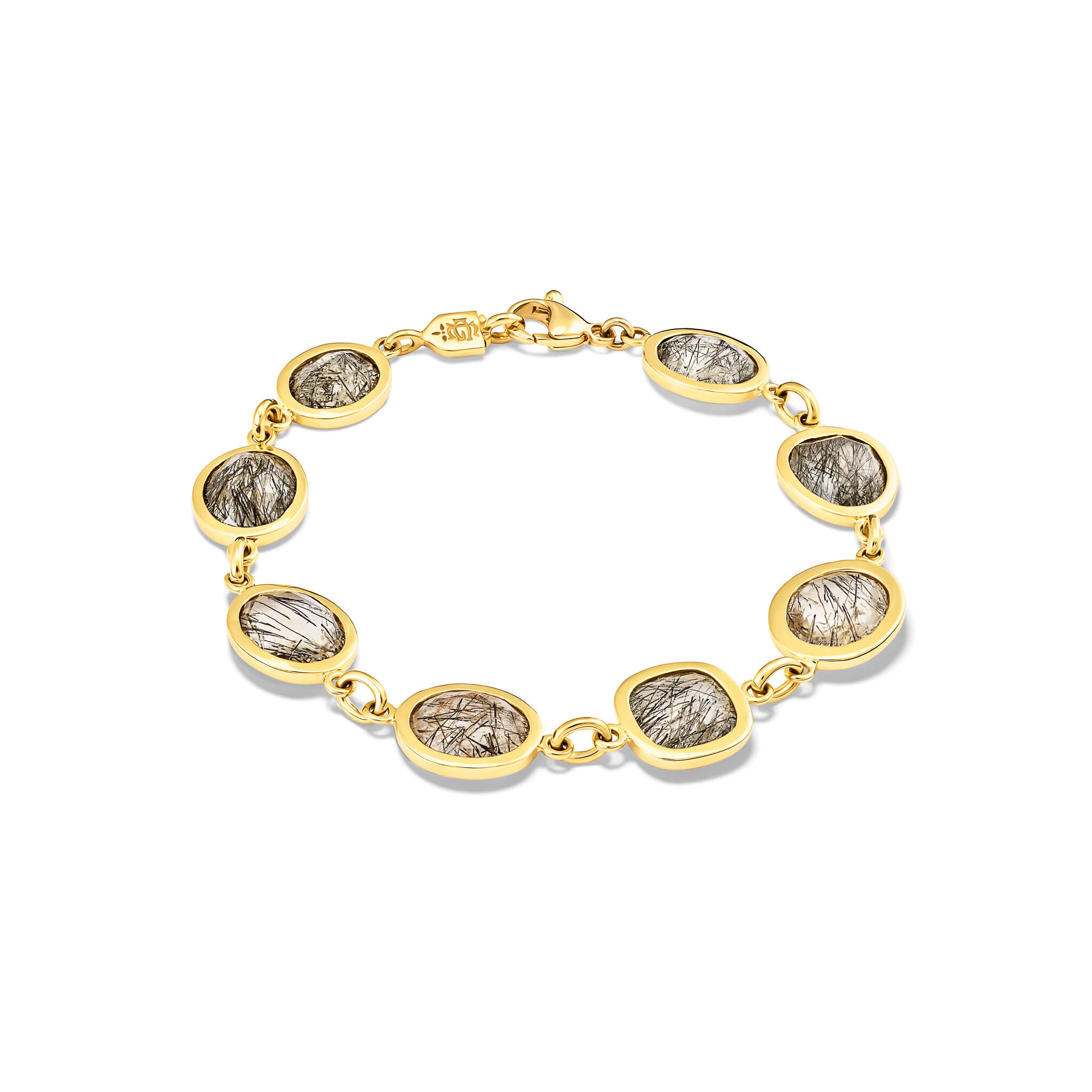 Handcrafted 18ct yellow gold bracelet with facetted tourmalinated quartz
