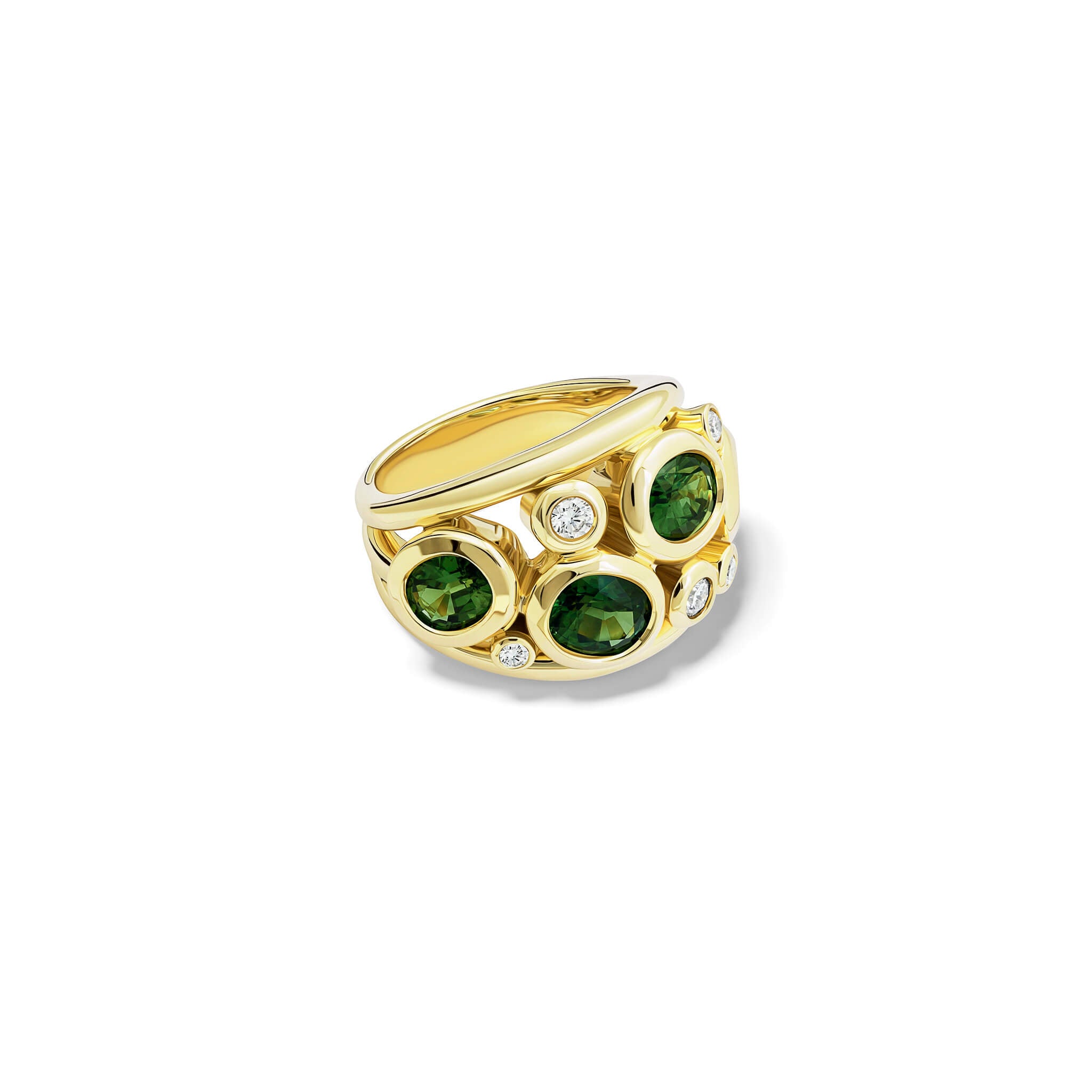 Handcrafted 18ct yellow gold ring featuring four facetted oval green sapphire and smaller diamonds, september birthstone