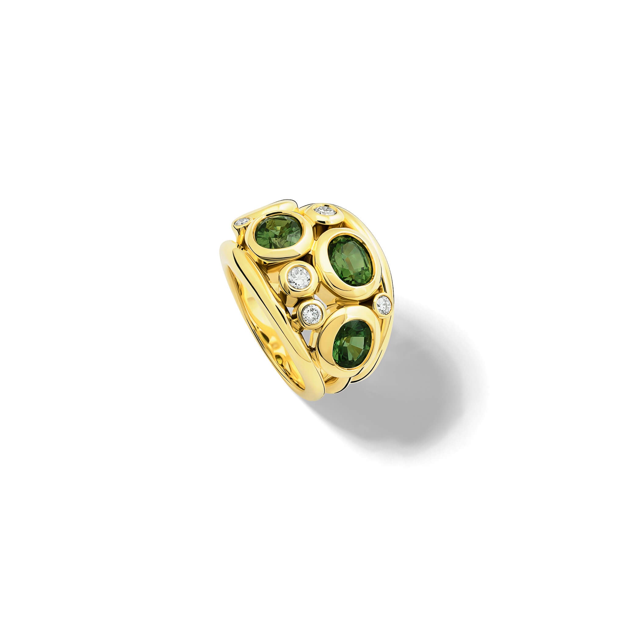 Handcrafted 18ct yellow gold ring featuring four facetted oval green sapphire and smaller diamonds, september birthstone