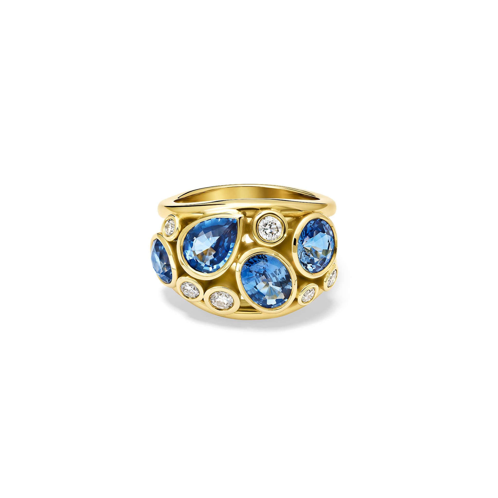 Handcrafted 18ct yellow gold ring featuring four soft blue ceylon sapphires and smaller diamonds, September birthstones.