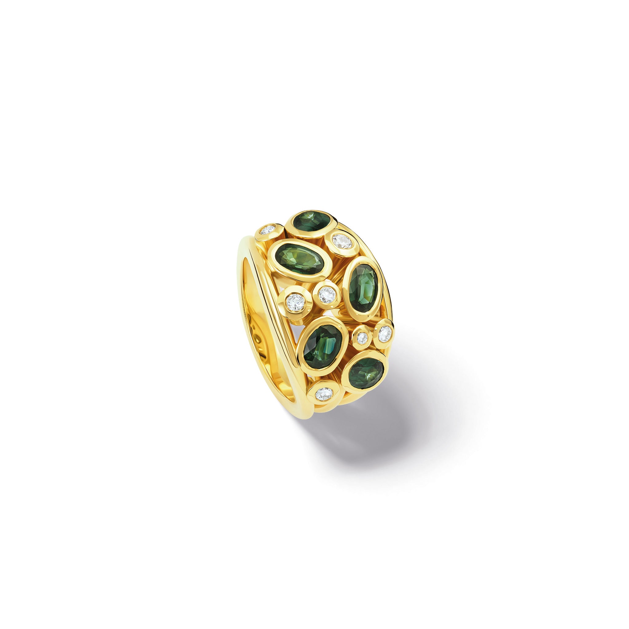 Handcrafted 18ct yellow gold ring featuring five facetted oval green sapphire and diamond.