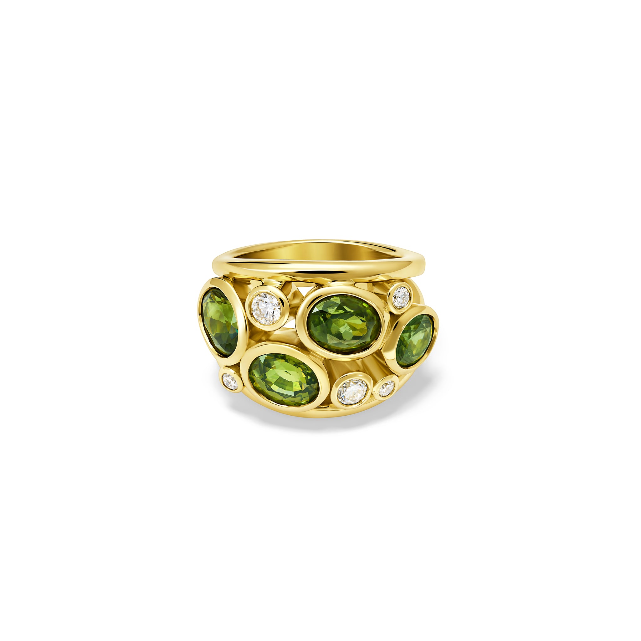 Handcrafted 18ct yellow gold ring featuring four green zircons and smaller diamonds.